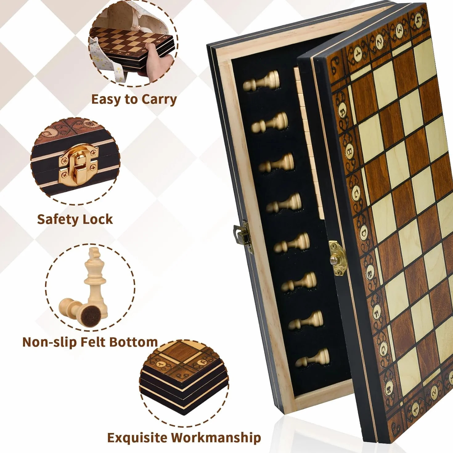 Aissom Drewniana szachownica 2 w 1, składana, magnetyczna, backgammon z gniazdem do przechowywania, warcaby dla dzieci i dorosłych imprezy (29 x 29 cm)