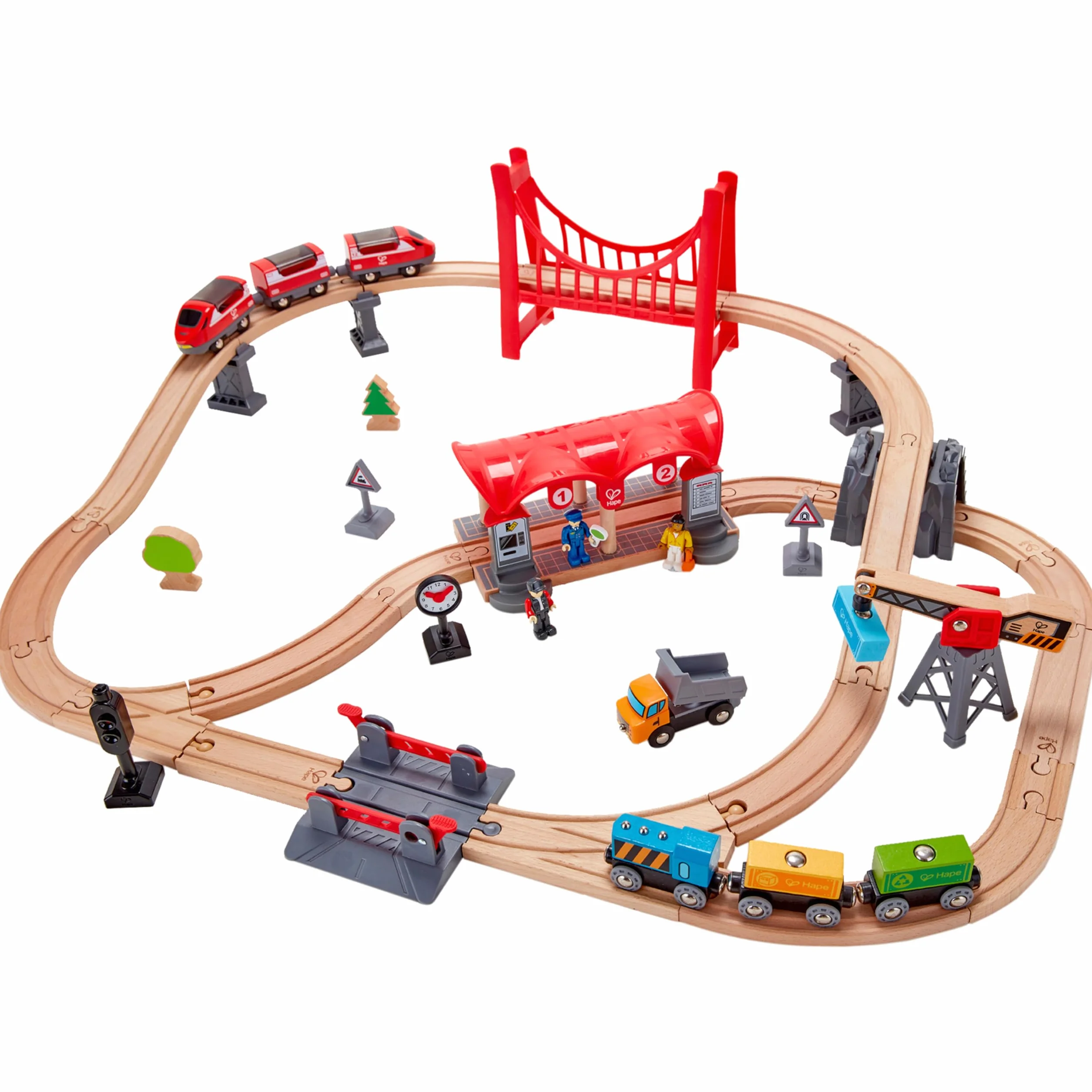 Hape Busy City Train Rail Set, Complete City-Themed Wooden Rail Toy Set for Toddlers with Passenger Train, Freight Train, Station, Play Figurines and More