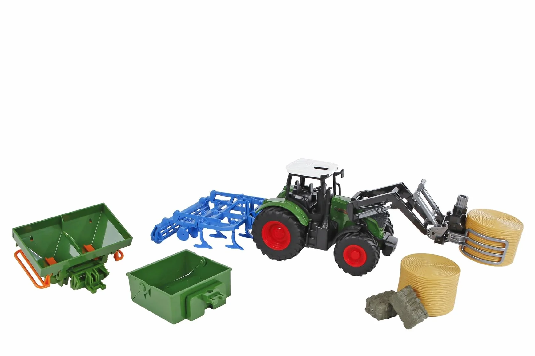Kids GLOBE Ciągnik z akcesoriami 8-częściowy (zielony buldog z dwiema kulami siana, dwie bele słomy, wywrotka, ładowany od przodu, pług i kosz, rolnictwo, gospodarstwo rolne) 540479