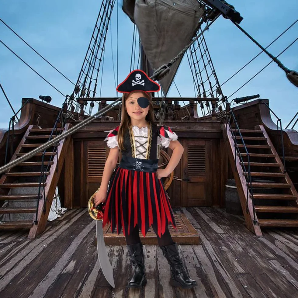 AOMIG Kostium piracki dla dzieci, 4 sztuki, fantazyjny kostium piracki z akcesoriami pirackimi, sukienka księżniczki Buccaneer, sukienka księżniczki dla dziewczynek, kostium pirata, na Halloween