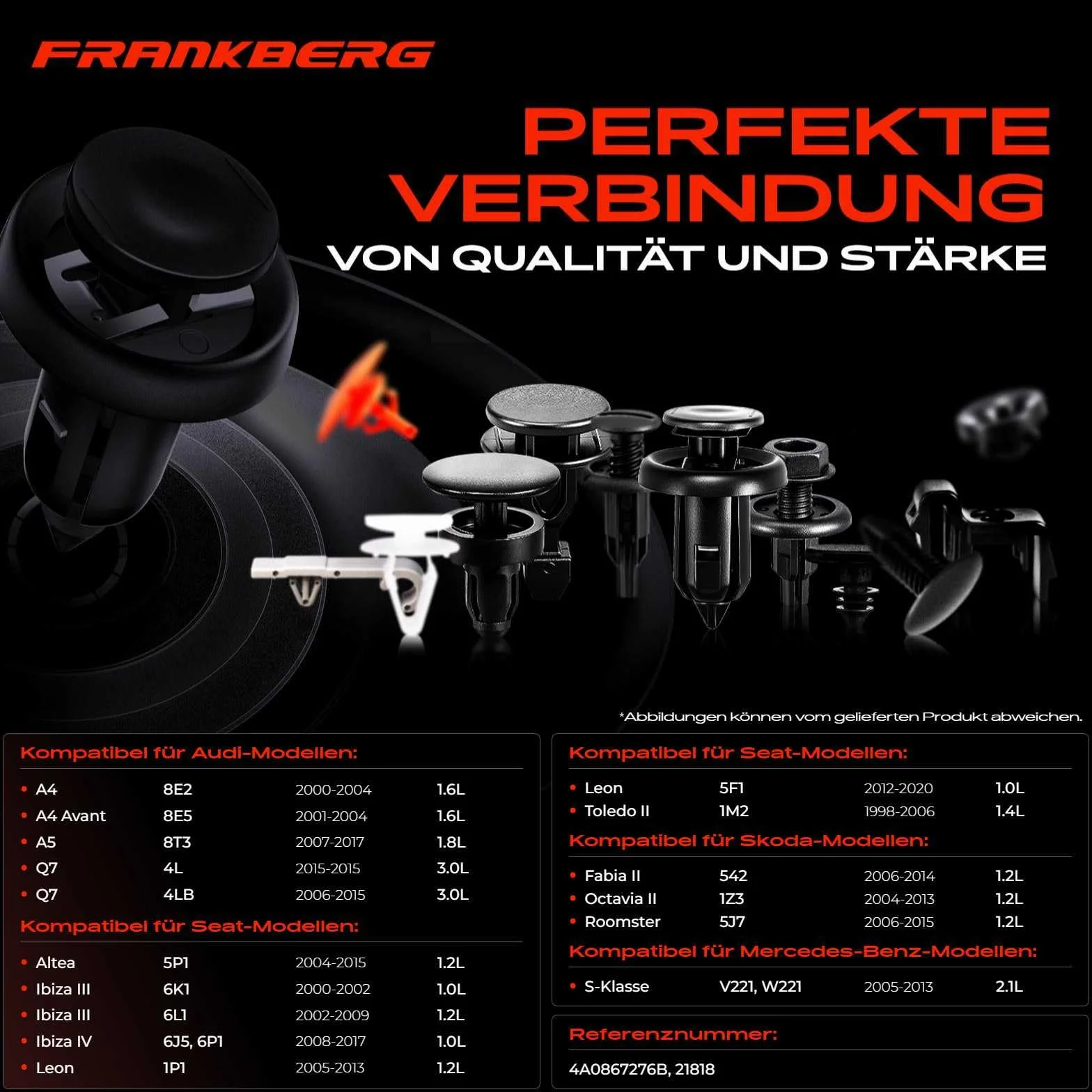 Frankberg 20 x klipsy mocujące, kompatybilne z A4, A4, Avant, A5, Q7, klasa S, Ibiza III, Octav.i.a II Superb II Pass.a.t Polo Tigu.a.n Touar.e.g Replace# 4A0867276B