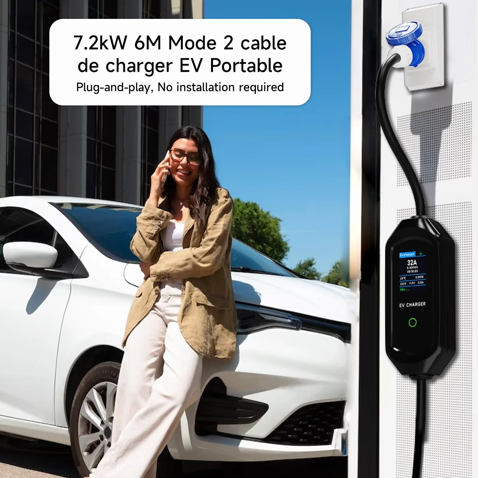 Ładowarka samochodowa elektryczna, 7,2kW/6M, ładowarka samochodowa typu 2, z regulowanym prądem 6A/8A/10A/13A/16A/20A/24A/32A, EV Typ 2, IEC 62196-2 z torbą
