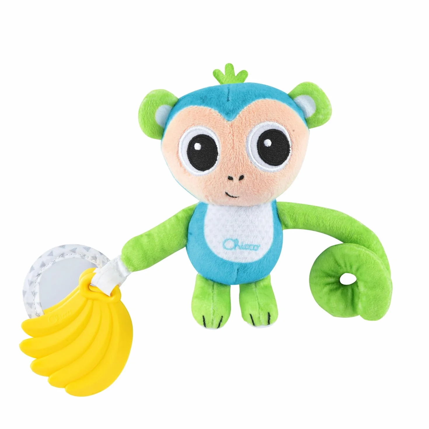 Grzechotka Chicco Małpka, Grzechotka z Miękkim Gryzakiem do Ząbkowania, Lusterko do Lekkich Zabaw, Mocowana do Wózka, Można Prać w Pralce, Zabawki dla dzieci 3-24 miesiące