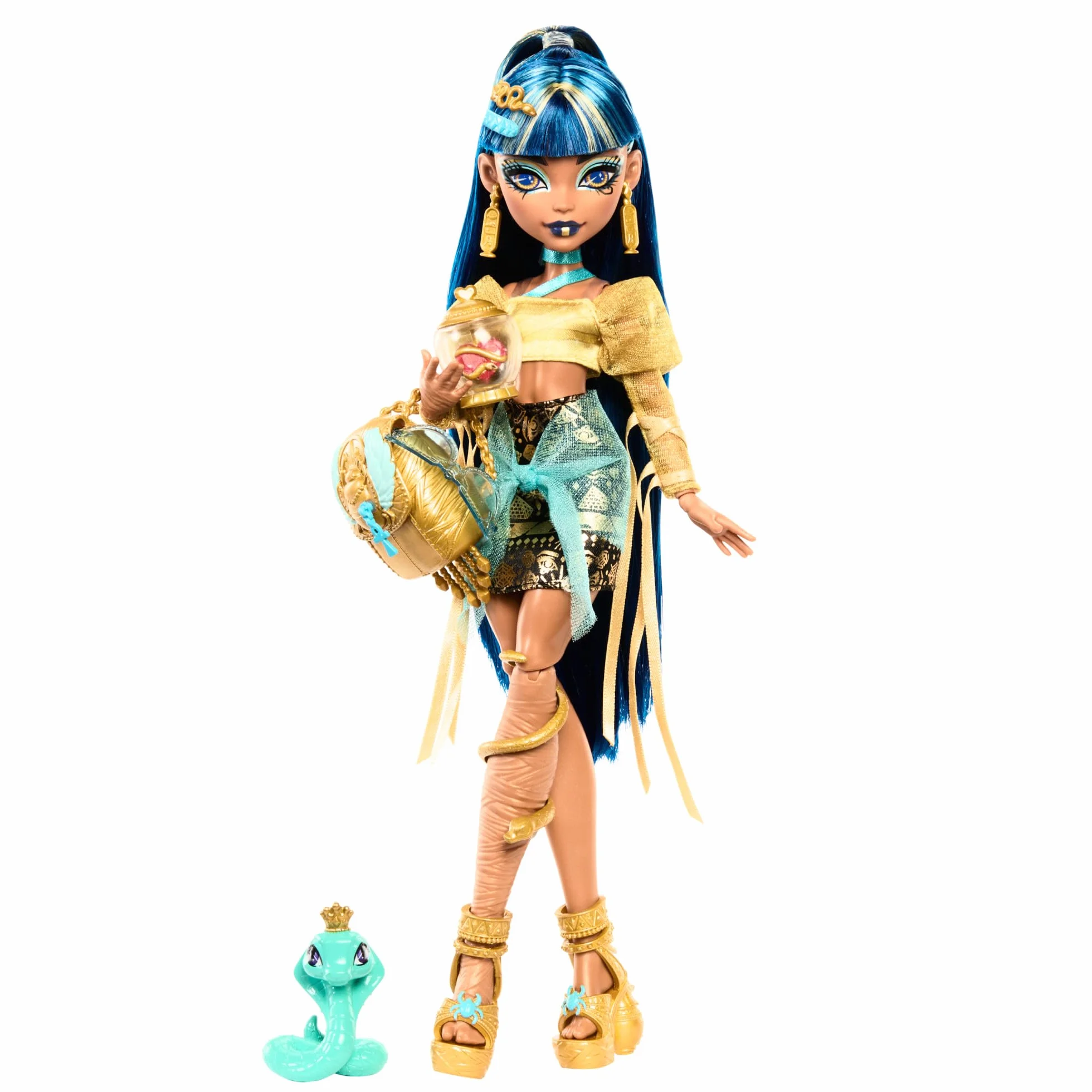 Monster High Cleo De Nile Lalka w złocistej bluzce i spódniczce z hieroglifami, kobra Hissette i akcesoria, takie jak plecak, „przekąska” i „papirus”, HXH74