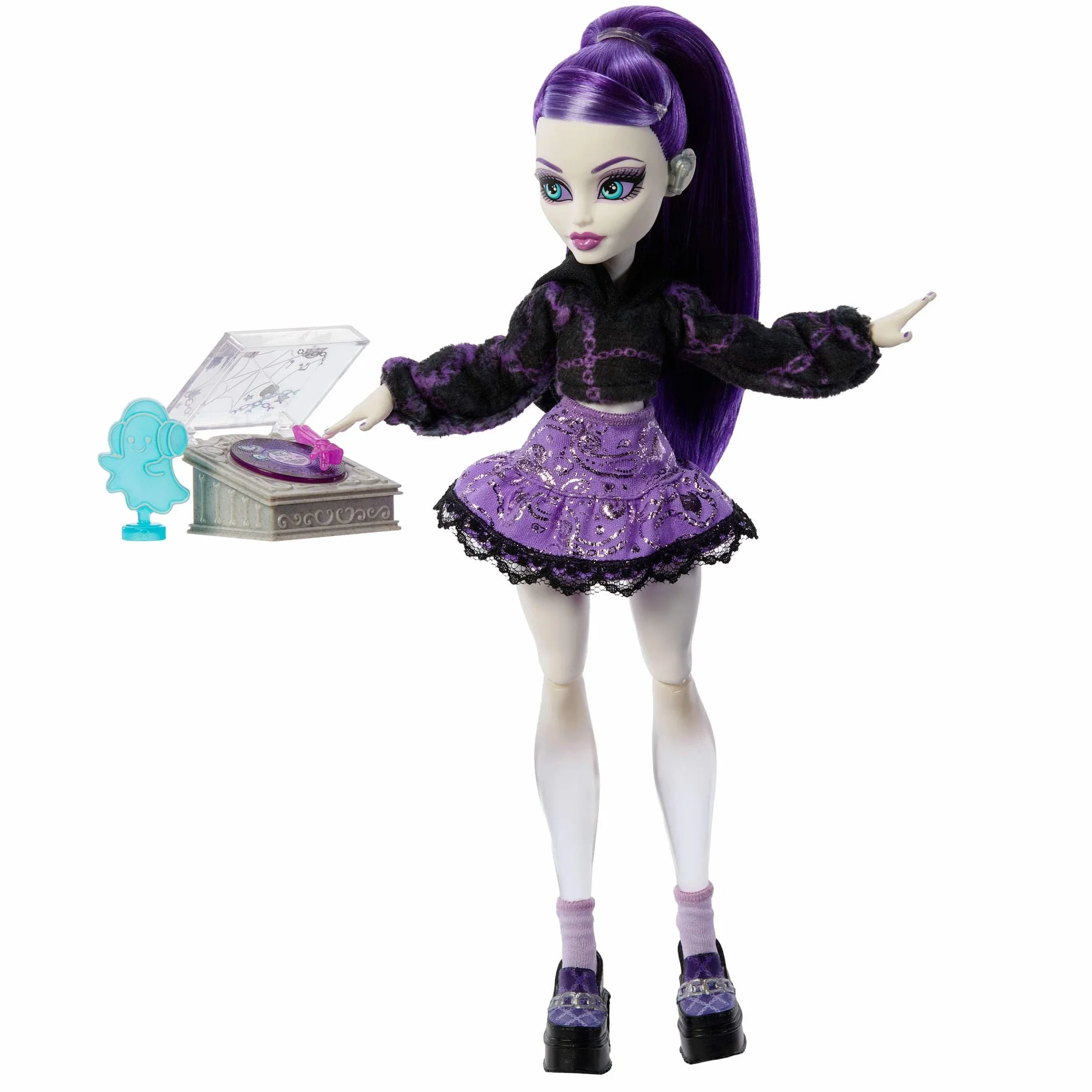 Monster High Straszyrelaks self-care Spectra Vondergeist Zestaw, lalka i akcesoria-niespodzianki, w tym zestaw do „manicure” oraz „gramofon”, zabawka dla dzieci 4+, JHK46