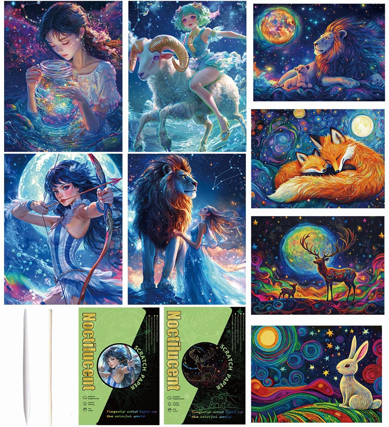 Georgie Porgy Zestaw obrazków do zdrapywania dla dzieci i dorosłych, Magic Rainbow A4, papier do zdrapywania na Boże Narodzenie, prezent urodzinowy z zestawem narzędzi do zdrapywania (świecąca w nocy