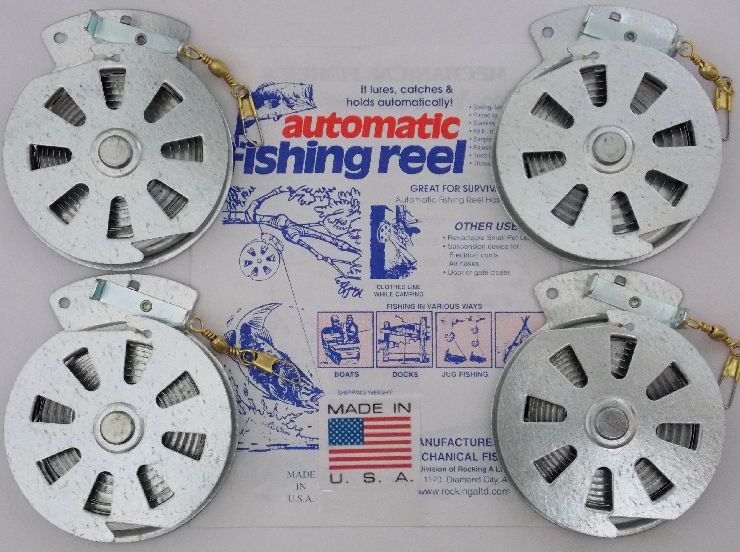 4 mechaniczne kołowrotki wędkarskie Fisher's Yo Yo - zestaw 4 kołowrotków - pułapka na ryby Yoyo - (płaski model wyzwalacza) firmy Mechanical Fisher YoYo automatyczny kołowrotek wędkarski
