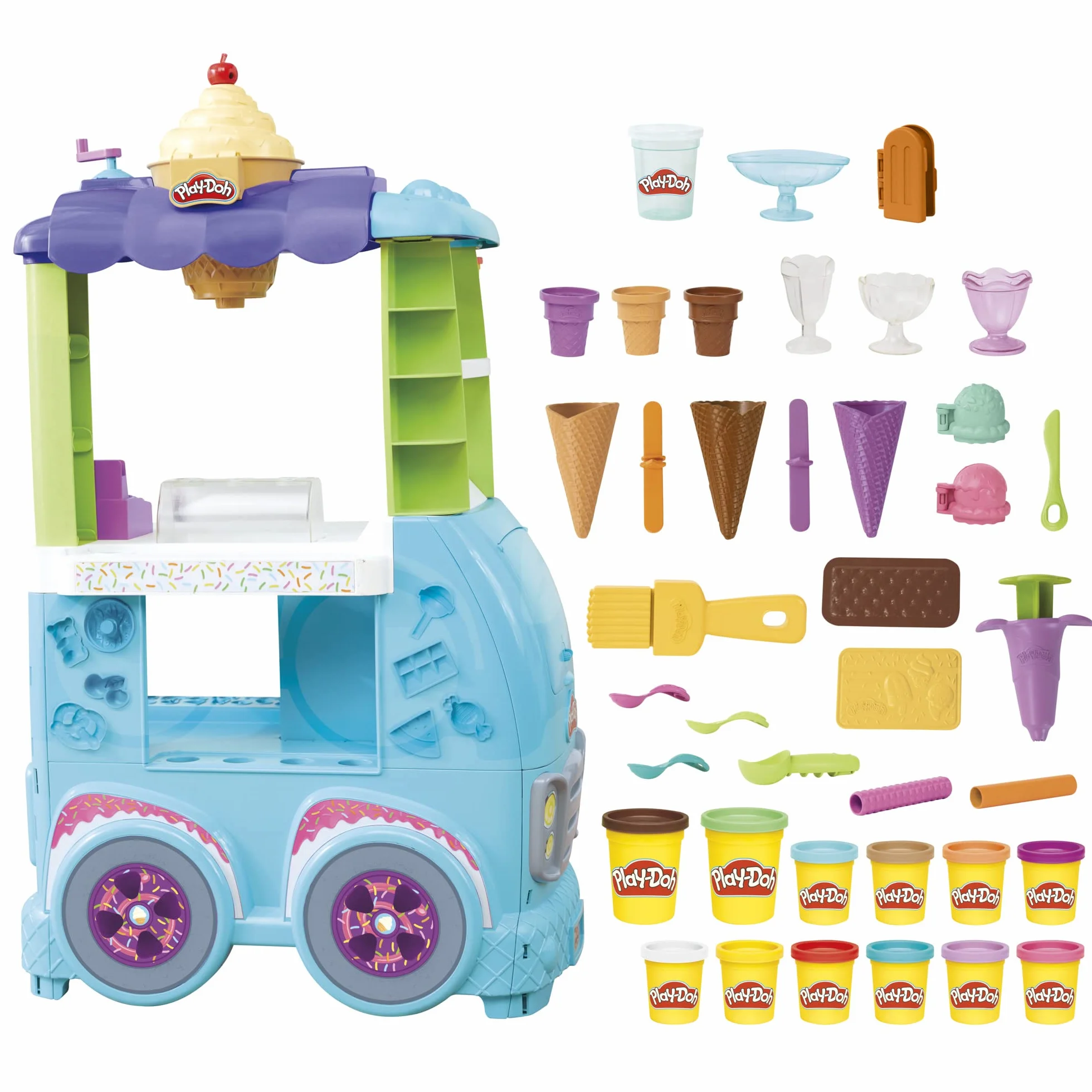 Zestaw do zabawy Play-Doh Kitchen Creations Najlepsza furgonetka z lodami z 27 akcesoriami, 12 pojemnikami z ciastoliną i realistycznymi dźwiękami