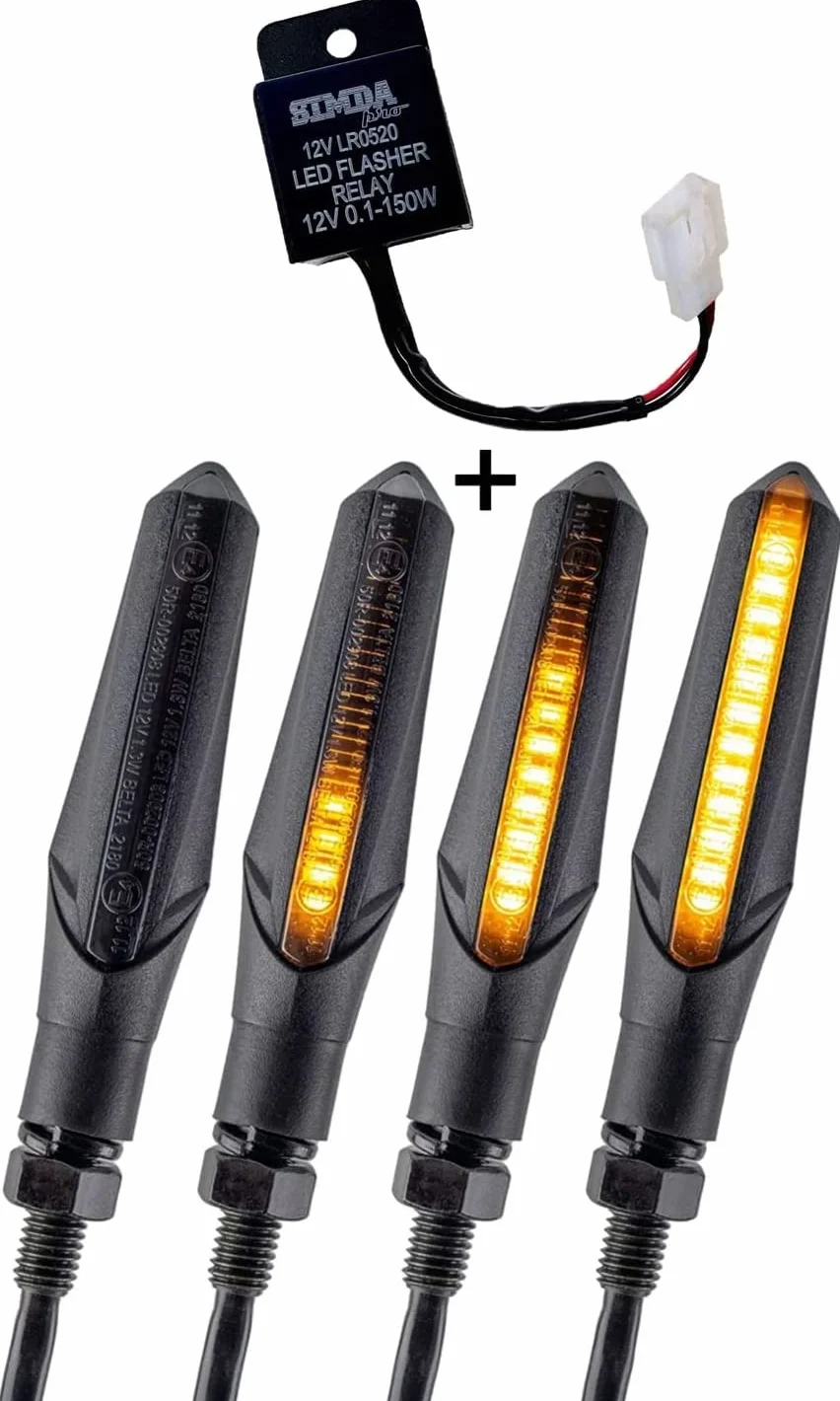 SimdaPro 2 szt. kierunkowskaz LED z certyfikatem E, z przekaźnikiem, sekwencyjny kierunkowskaz do motocykla ze znakiem kontrolnym, wodoodporny, czarny, 12 V, minikierunkowskaz