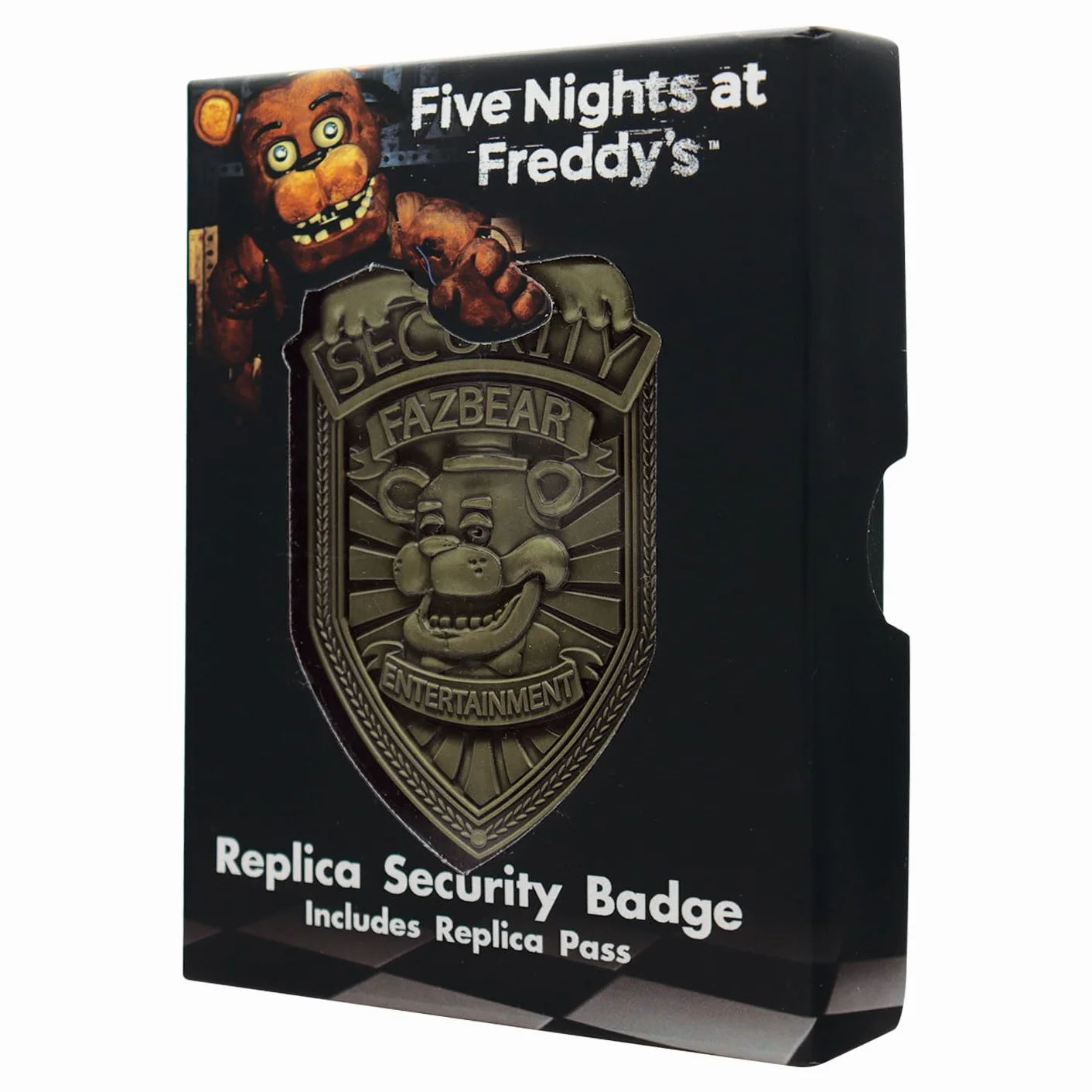 FaNaTtik Five Nights at Freddy's Replika Odznaka Bezpieczeństwa – Limitowana Edycja w Antycznym Kolorze Brązowym FNAF Kolekcjonerska z Zapięciem, Przepustką i Skrzynką Kolekcjonerską