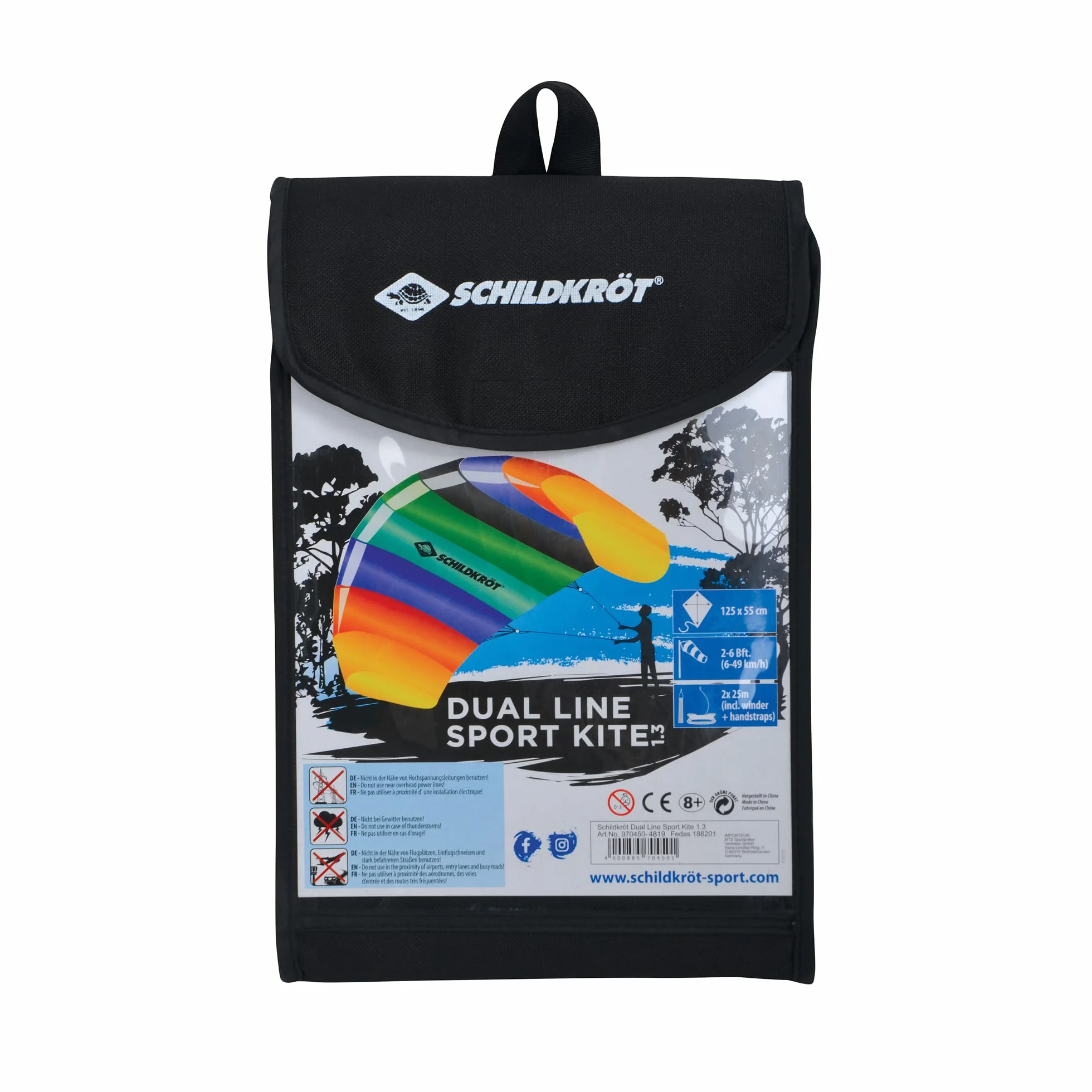 Schildkröt Dual Line Sport Kite, dwupoziomowa mata do kierowania, w zestawie sznurki poliestrowe 25 kp, 2 x 25 m na nawijarce z pętelkami, 3-6 Beaufort