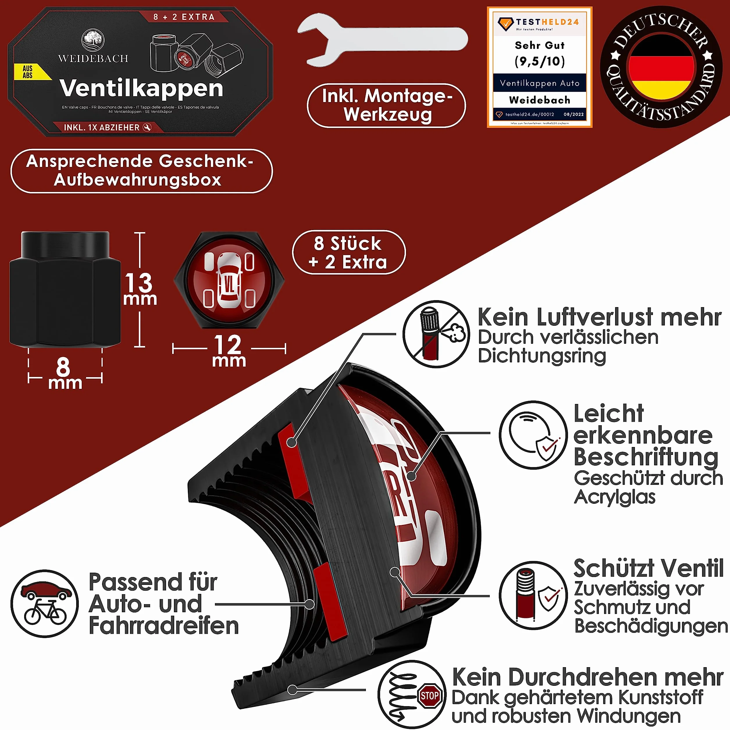 WEIDEBACH® Sześciokątne Zaślepki Zaworów Opakowanie 10 Sztuk Antypoślizgowe
