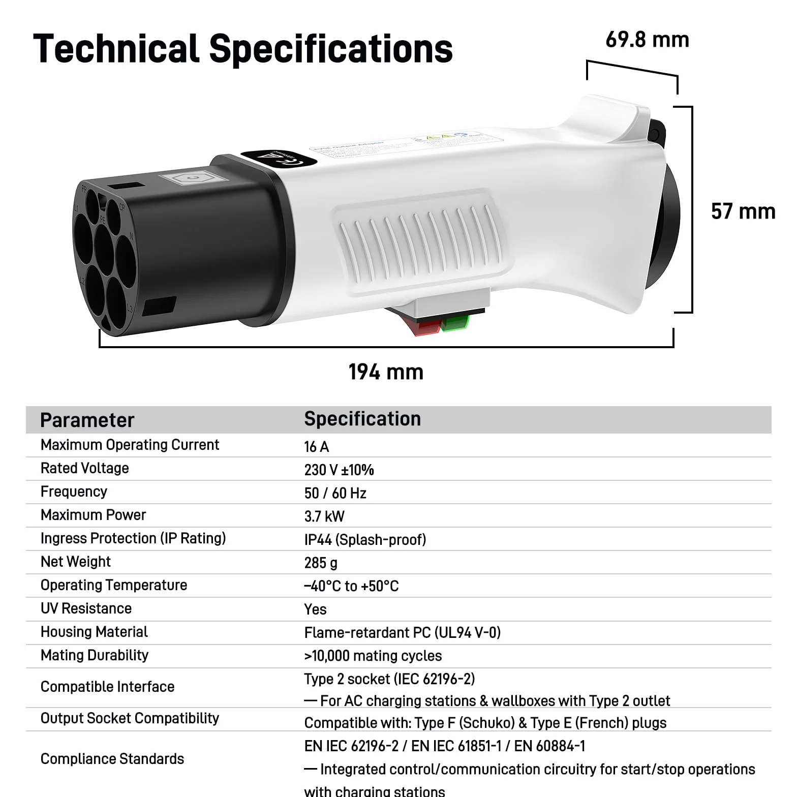 Adapter Typ 2 na Schuko 230 V 16 A IP44 do Stacji Ładowania Wallbox