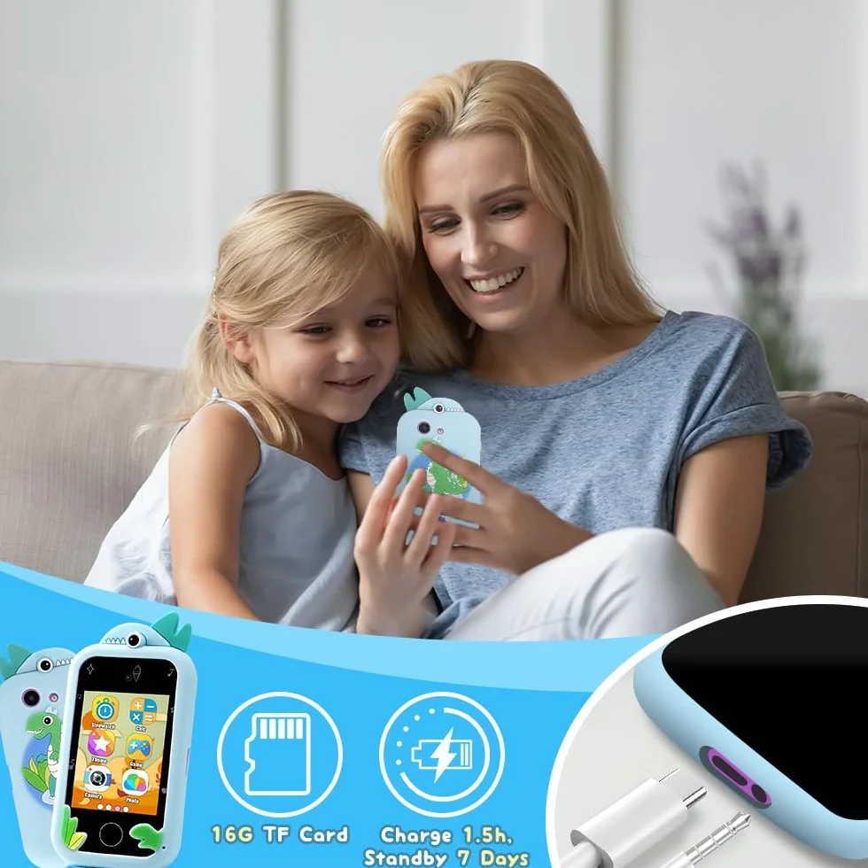 Smartfon zabawka dla dzieci, podwójny aparat z przodu i z tyłu, audiobooki, bajki, wiedza, nauka, gry mobilne, edukacyjne zabawki elektroniczne, z kartą 16 GB