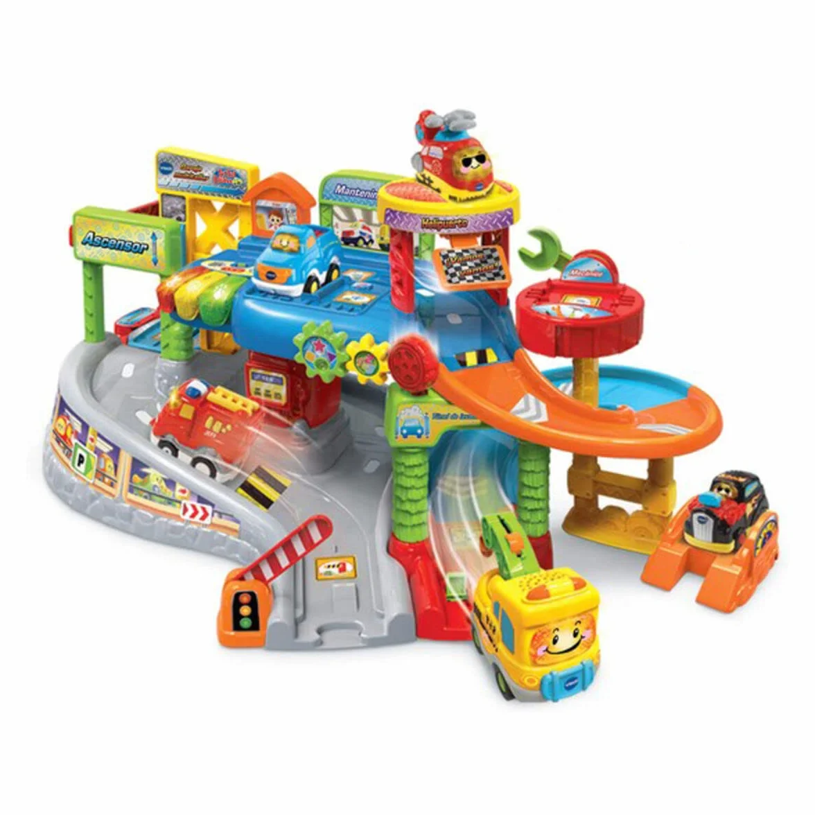 VTech Multi-Workshop Garage TutTut Bolids, zestaw do zabawy warsztat mechaniczny z różnymi ścieżkami i poziomami ze światłami, głosami, piosenkami i zabawnymi dźwiękami, w zestawie żuraw samochodowy
