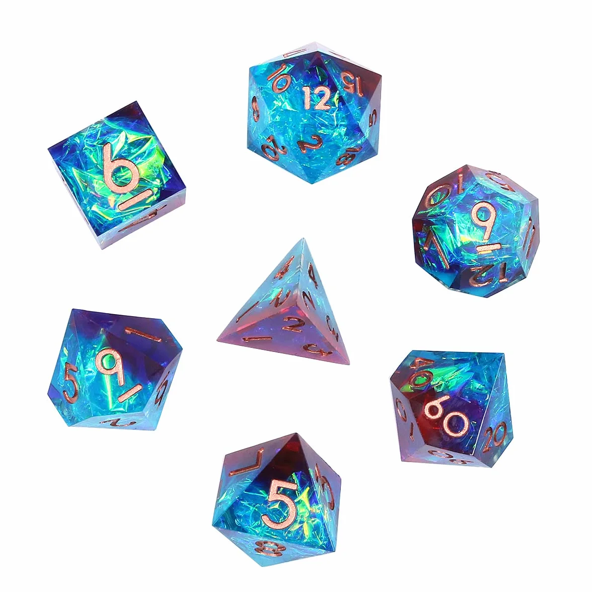 DollaTek Zestaw przezroczystych ko?ci RPG, 7 szt. ko?ci DND, D4, D6, D8, D10, D12, D20, czerwone i niebieskie, ze z?ot? foli?, do lochów i smoków oraz gier planszowych