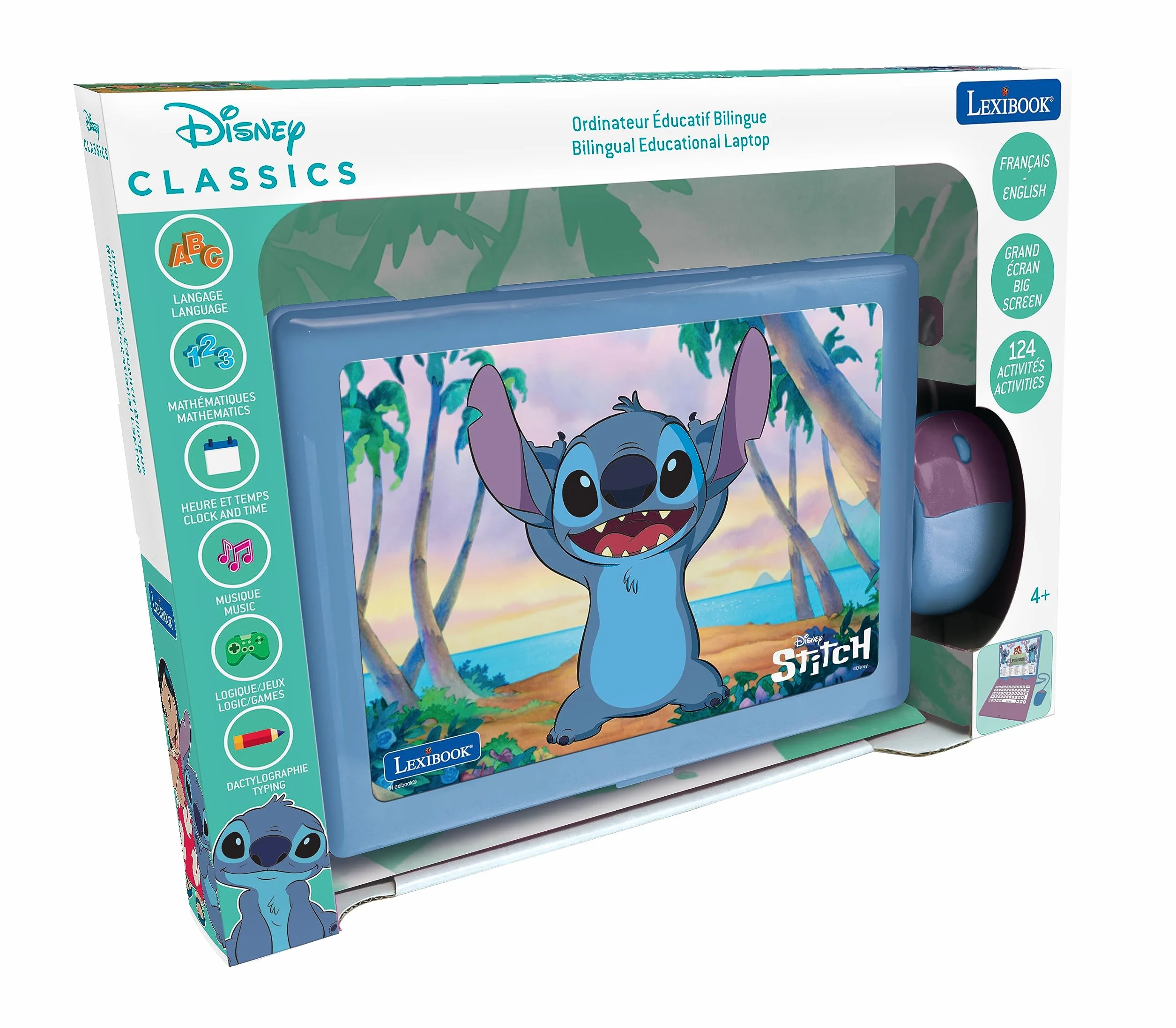 Lexibook - Disney Stitch - angielski/francuski dwujęzyczny laptop edukacyjny, 124 zajęcia językowe, pisanie, matematyka, logika, muzyka i gry, chłopcy i dziewczęta, JC598Di1