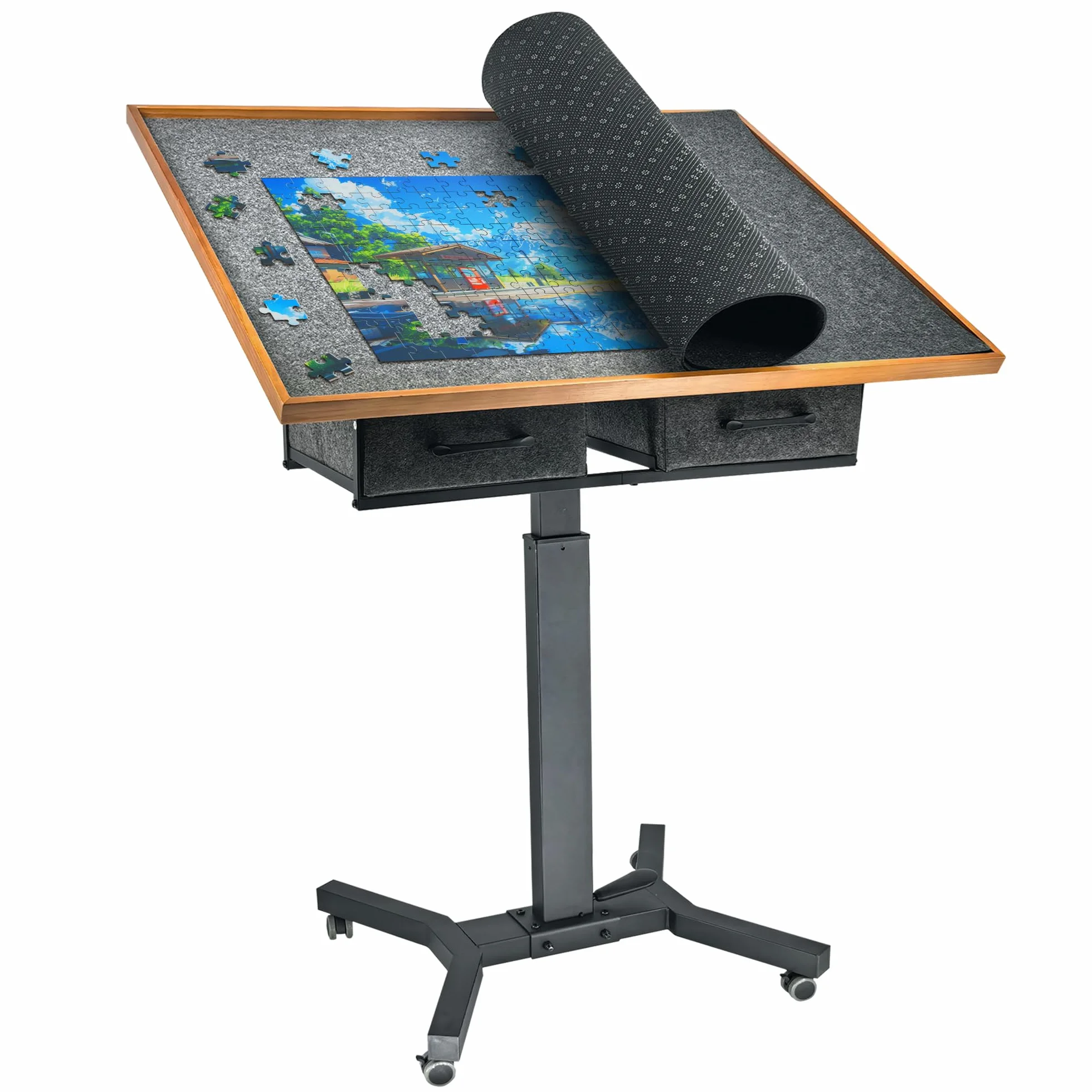 FATIVO Stół do puzzli, 1500 elementów, z regulacją wysokości na kółkach, 70 x 90 cm, z 2 szufladami z materiału, mobilna deska puzzli 74-98 cm, dla dorosłych, regulowany kąt, kolor czarny, brązowy