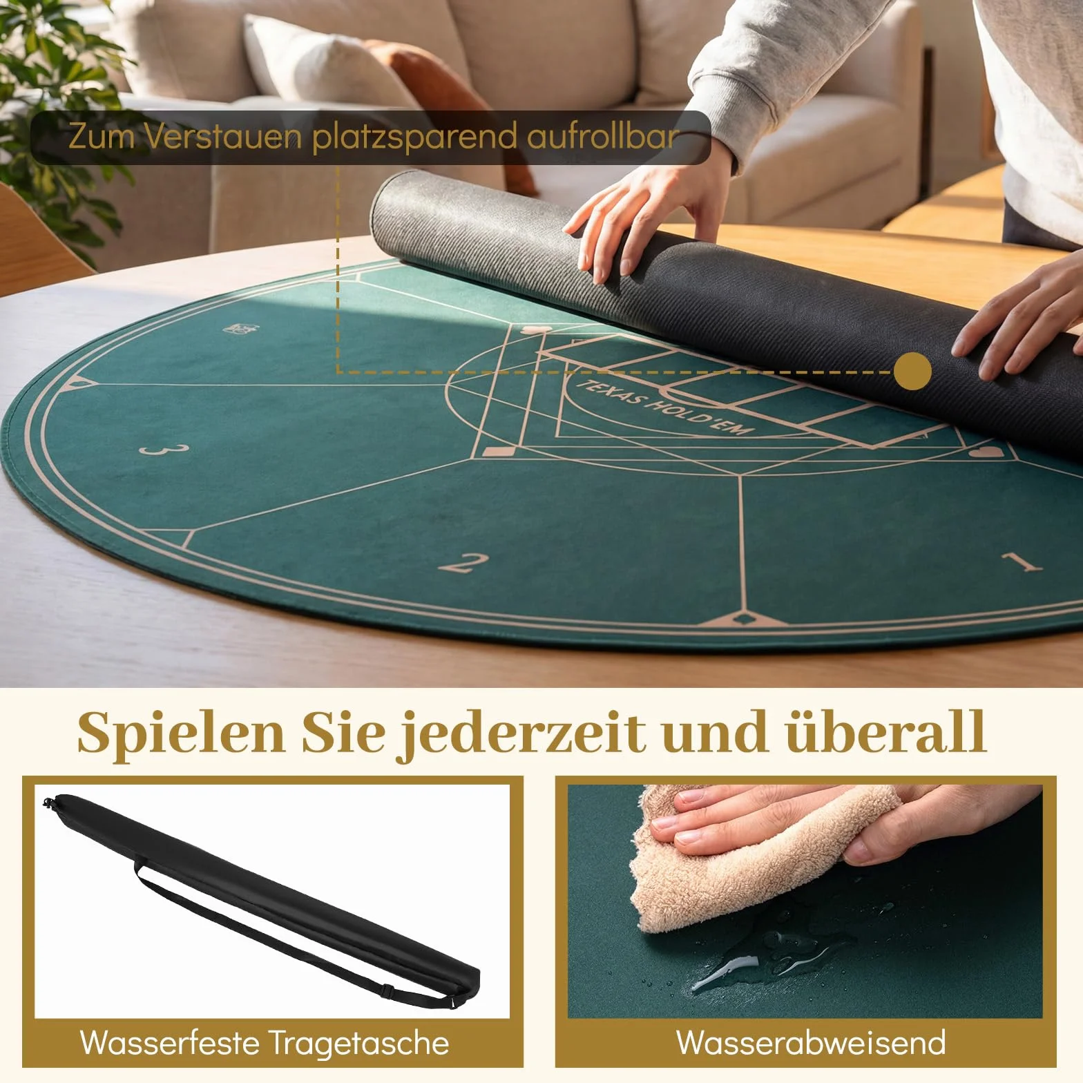 COSTWAY Okrągła mata do pokera, 100/120 cm, składana nakładka na stół pokerowy z torbą do przenoszenia, nakładka na pokera z antypoślizgową gumową podstawą, top dla 8 graczy, zielona (120 cm)