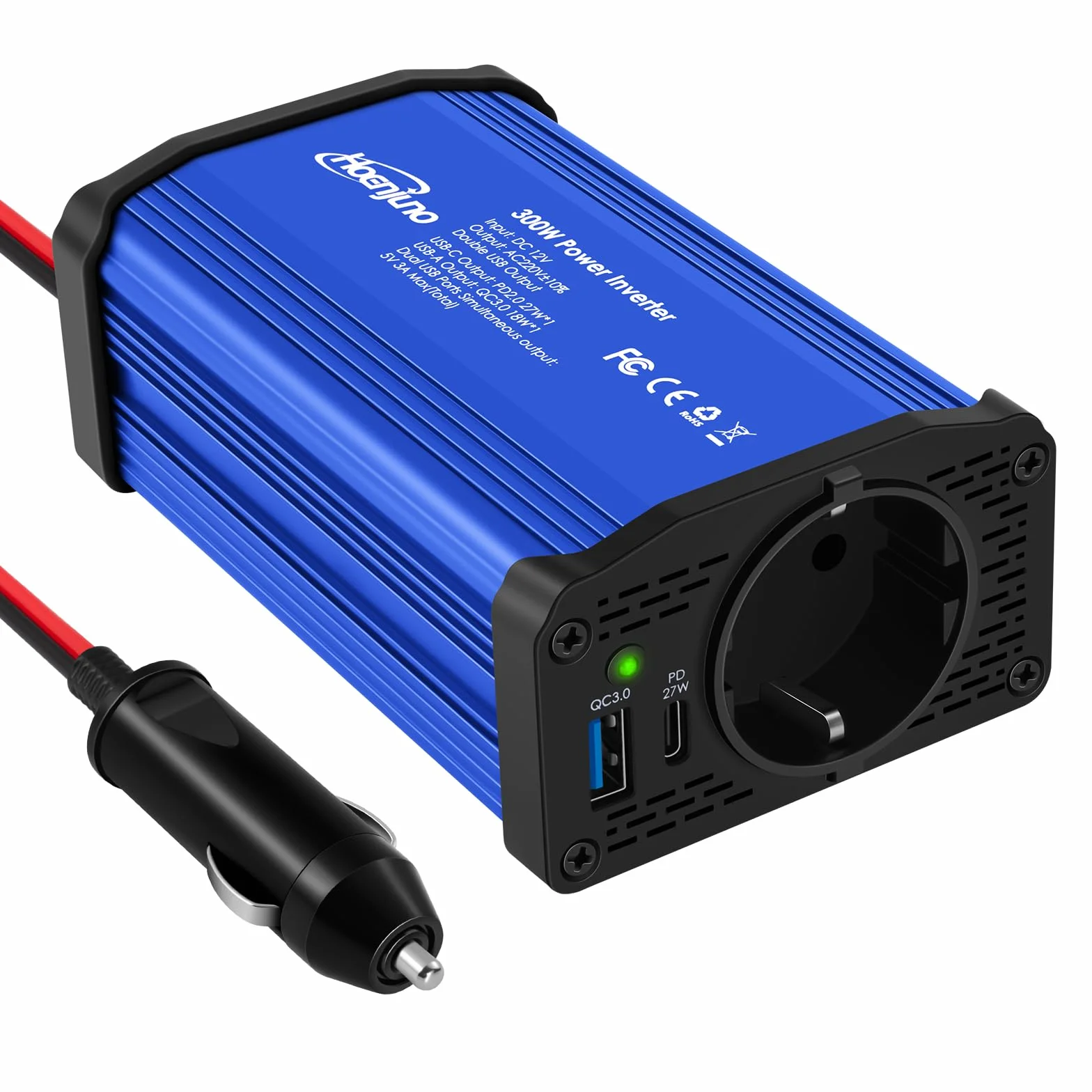Przetwornica napięcia 300 W, 12 V na 220-230 V, z gniazdem UE i złączem USB typu C i QC 3.0, możliwość ładowania laptopa, iPada, iPhone'a, tabletu, konsoli i wielu innych