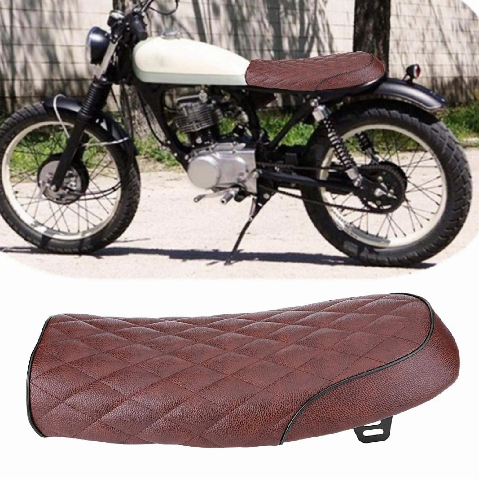Płaska poduszka motocyklowa,General Motorcycle Retro Diamond Flat Blatter Style Coffee Racing Seat jest kompatybilny z CG125 GN CG CB200 CB350 CB400SS CB500 CB750 SR500 XJ XS (brązowy)