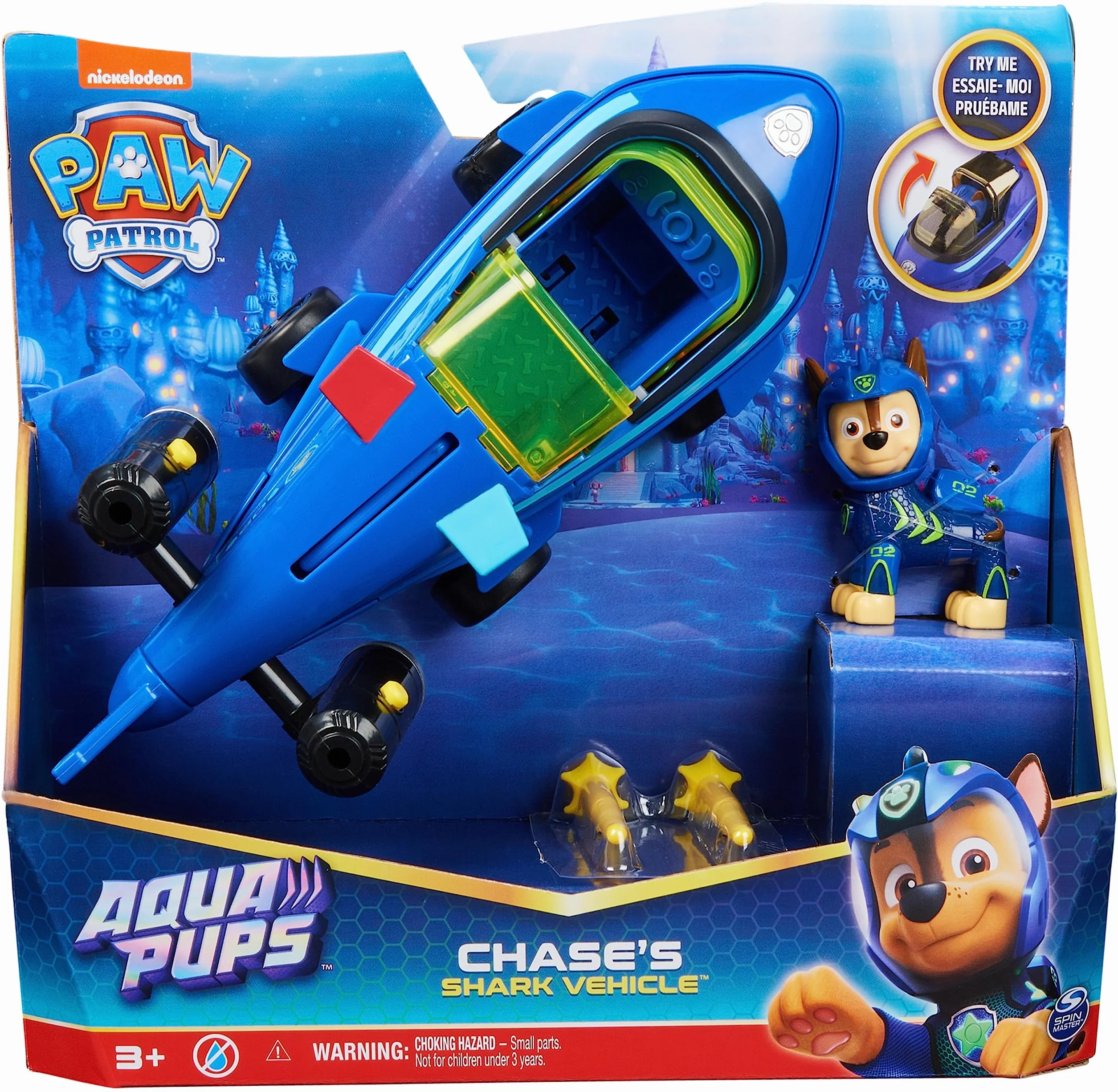 Paw Patrol Chase Aqua Pups Transformujący Pojazd z Rekinem, Niebieski, od 3 lat