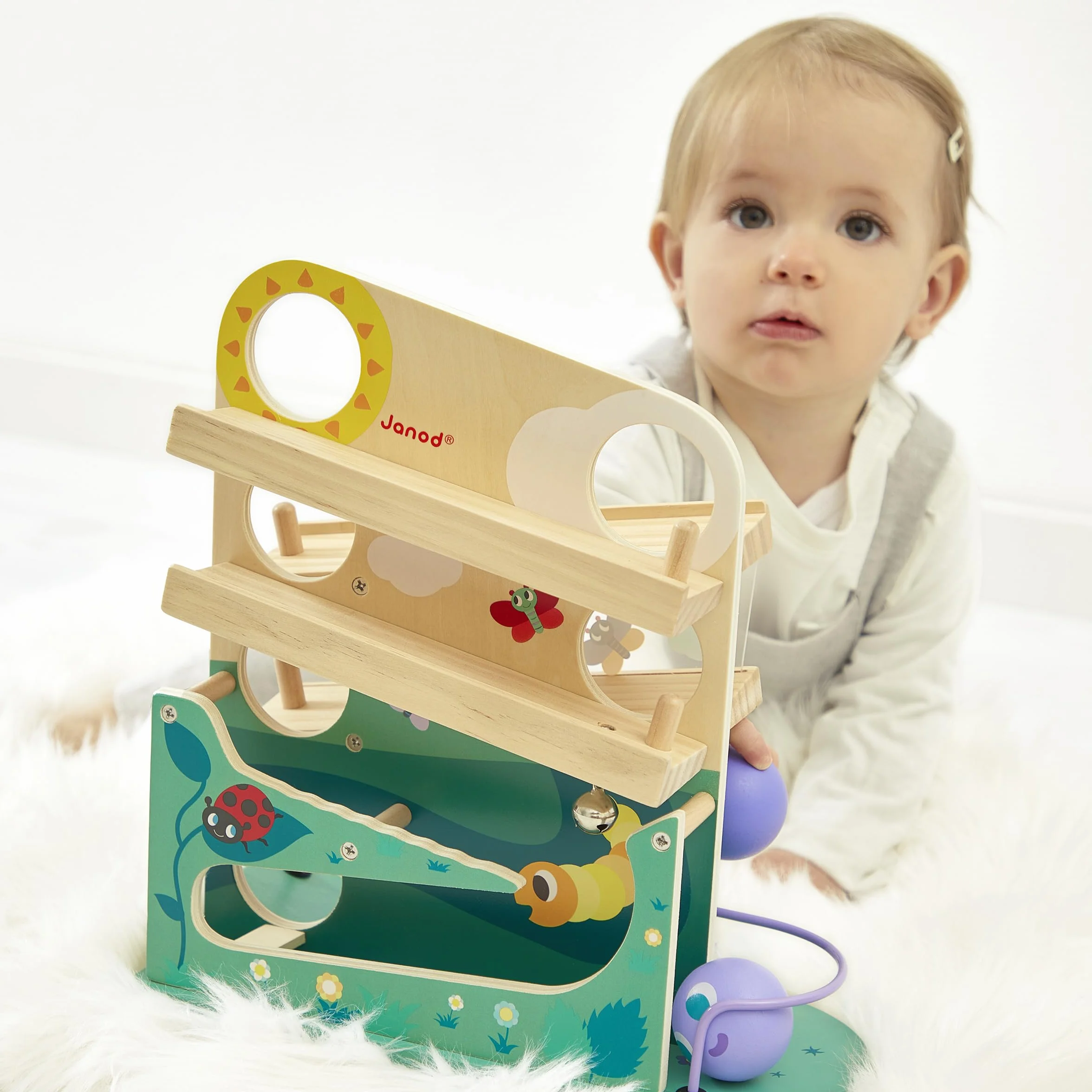 Janod - Wooden Caterpillar Ball Track - Toddler Manipulation and Dexterity Toy - For children from the Age of 1, 08055, Multicolored
