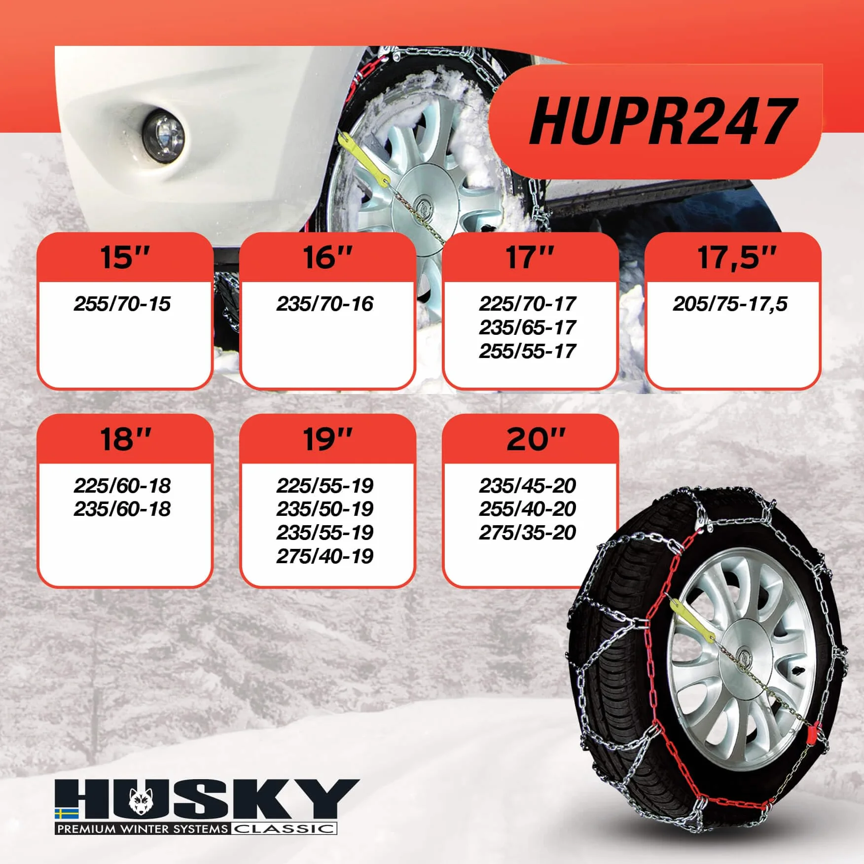 SUMEX HUPR247 łańcuchy śniegowe Husky Professional 16 mm