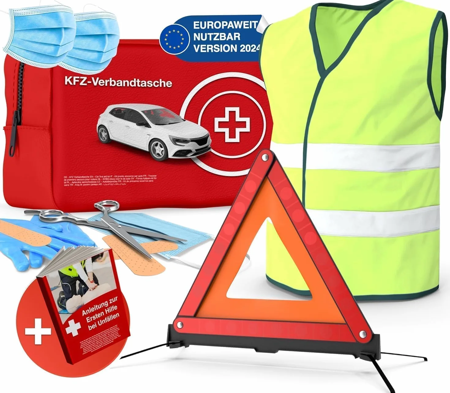 Apteczka samochodowa pierwszej pomocy 2026 EN ISO 20471 zestaw 3 w 1 z kamizelką odblaskową i trójkątem ostrzegawczym