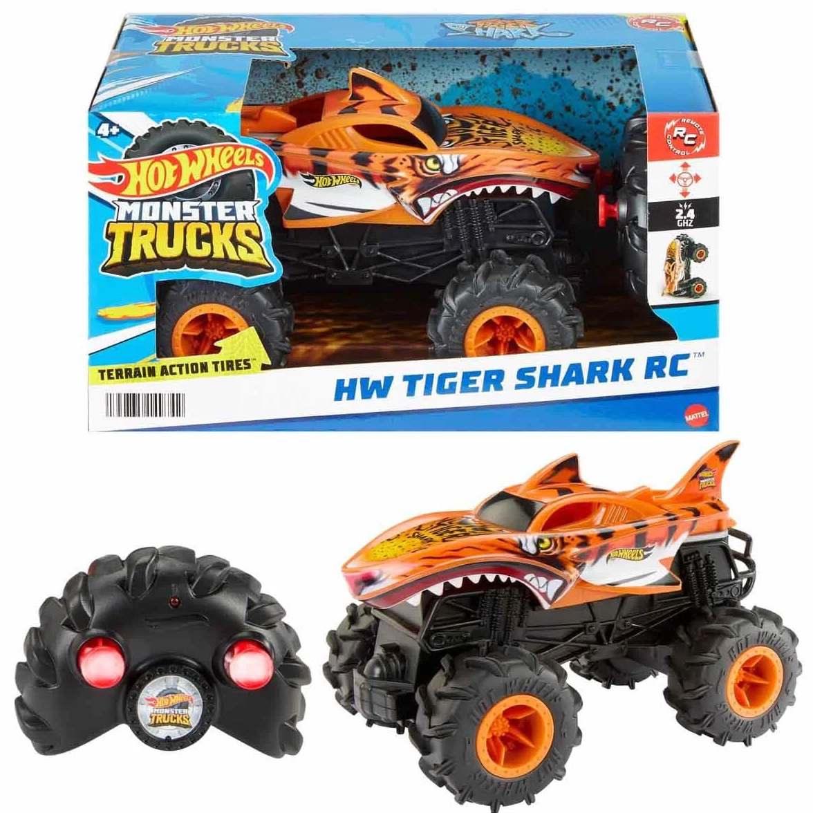 Hot Wheels Monster Trucks R/C Tiger Shark Pojazd zdalnie sterowany 1:24, jazda na każdej powierzchni dzięki oponom Terrain Action, HNV03