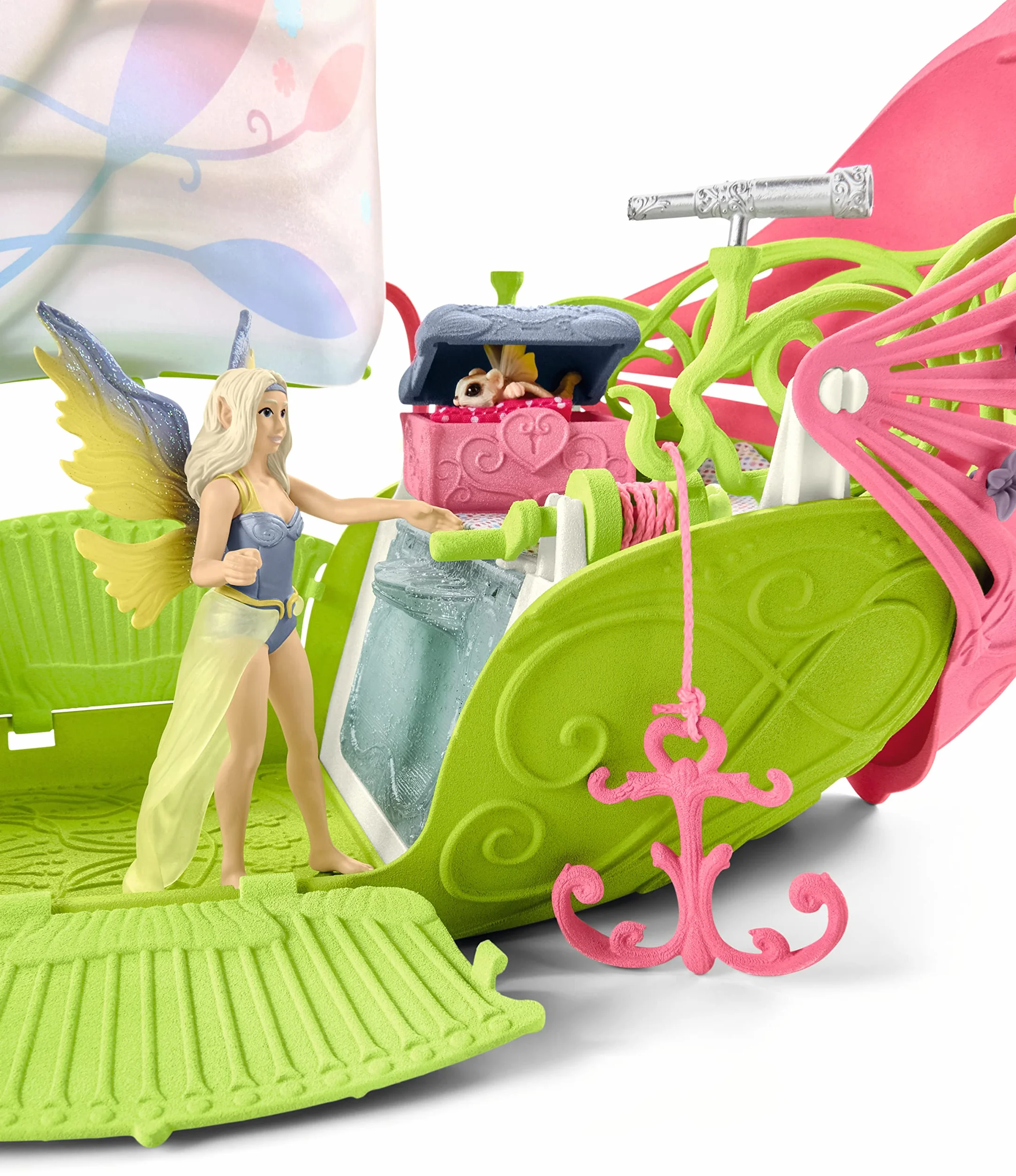 schleich 42444 BAYALA Seras magiczna łódź kwiatowa, 40-częściowy zestaw do zabawy z figurką jednorożca, elfa i skrzynią skarbów, zabawka dla dzieci od 5 lat