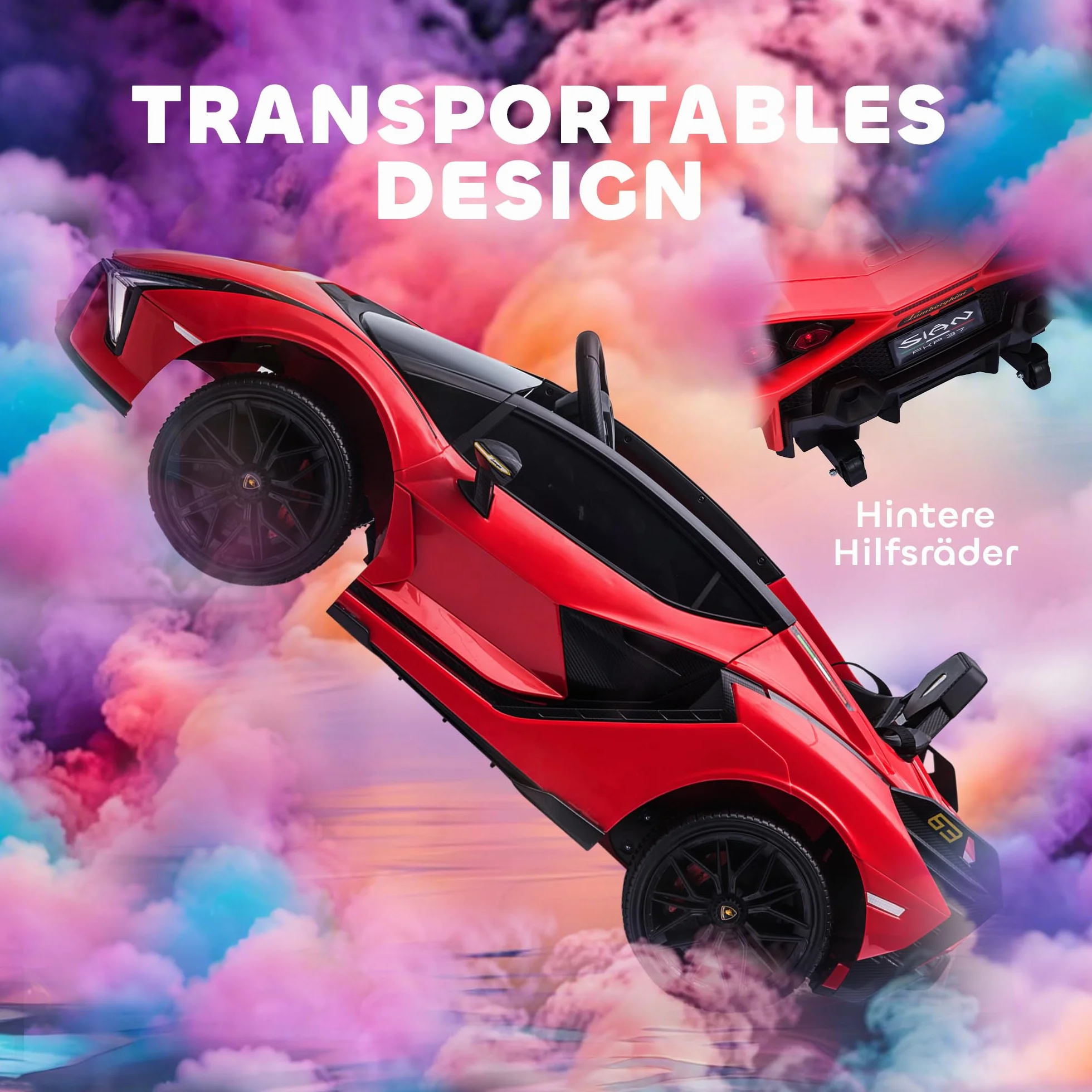 Samochód dziecięcy HOMCOM 2 tryby jazdy Lamborghini SIAN SUV autko zabawka samochód elektryczny z pilotem bardzo szerokie opony muzyka (MP3/USB) oświetlenie 3–5 lat PP metal czerwony 108 x 62 x 40 cm