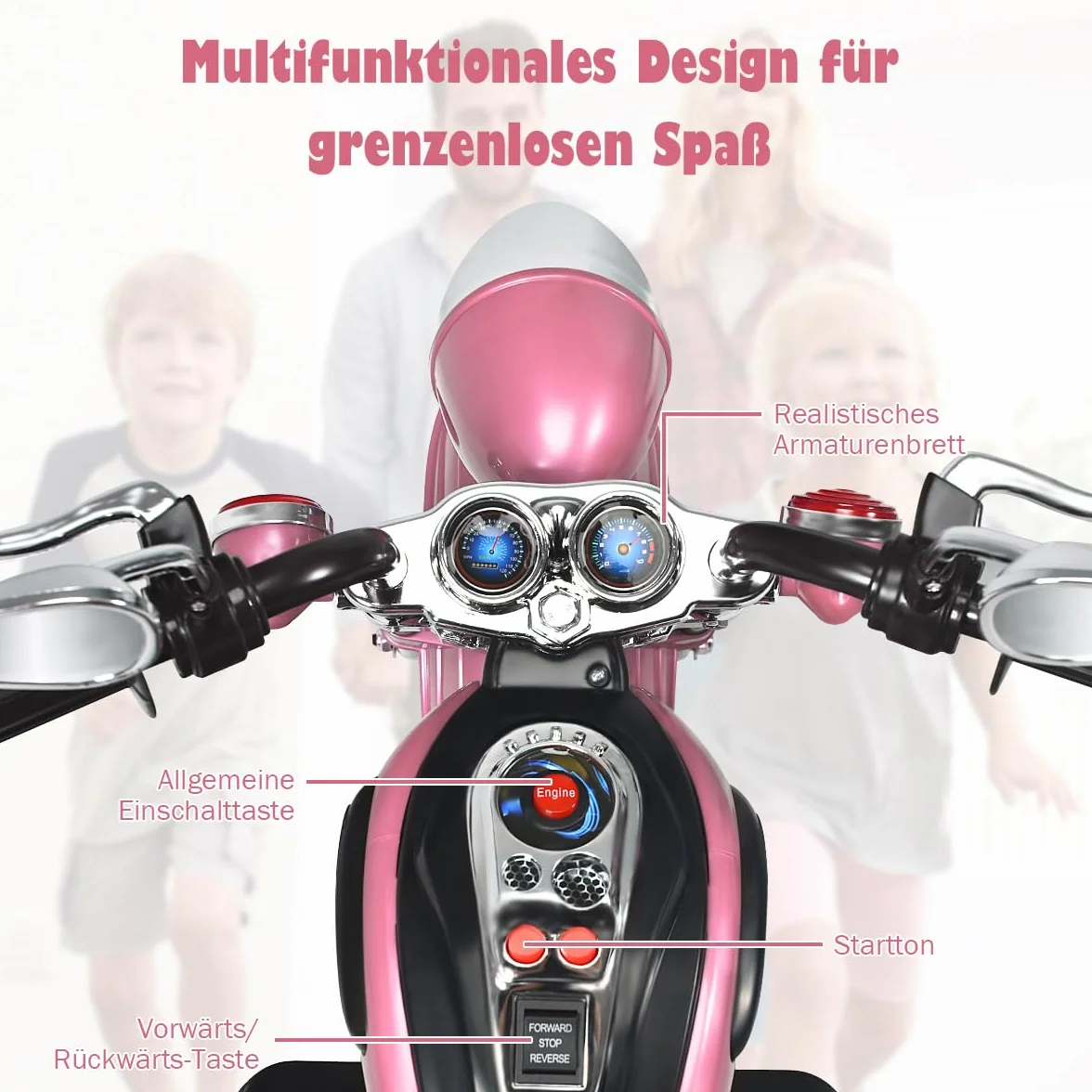 COSTWAY 6V Motocykl elektryczny dla dzieci z regulowanymi reflektorami, trójkołowy motocykl elektryczny z dźwiękiem ｜ klaksonem ｜ lusterkiem wstecznym ｜ pedałami, prędkość 2,5-3 km/h (Różowy)