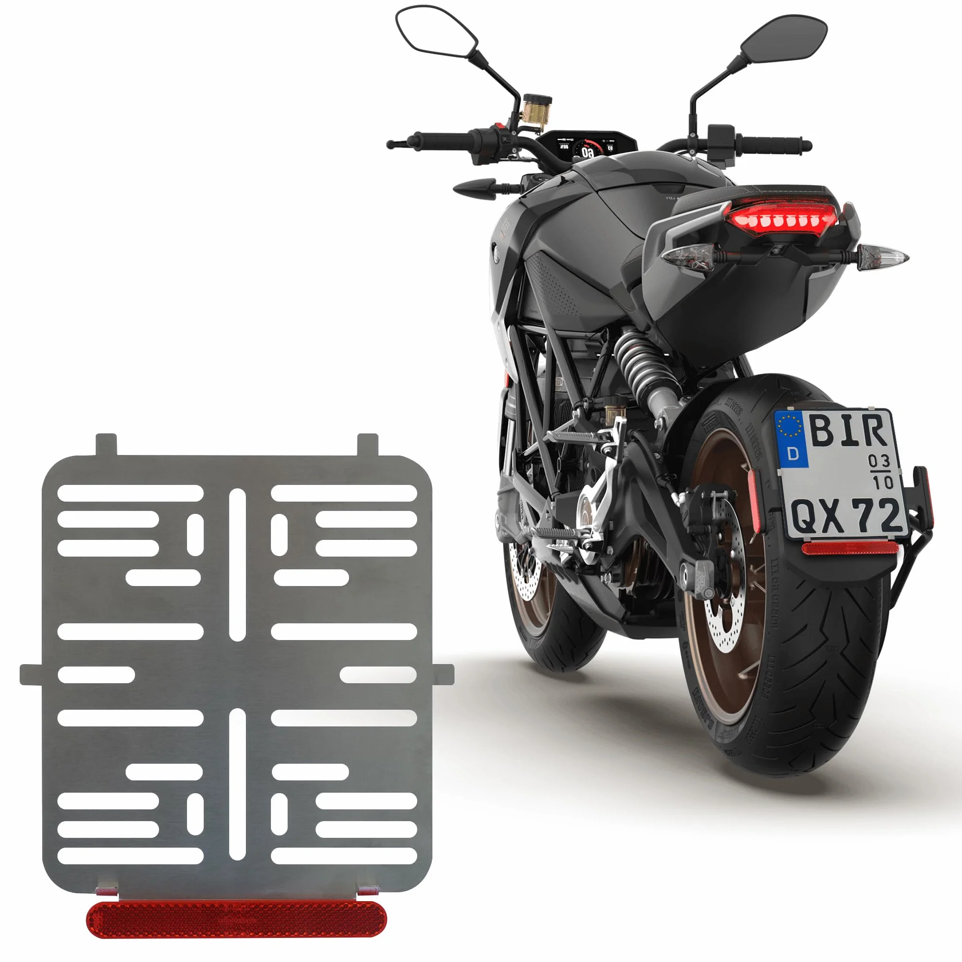 1 x uchwyt tablicy rejestracyjnej 180 x 200 mm, bezramowy, 100% stal nierdzewna (bez rdzy) o grubości 0,8 mm - z reflektorem odblaskowym CZERWONY - dla motocykla - skutera