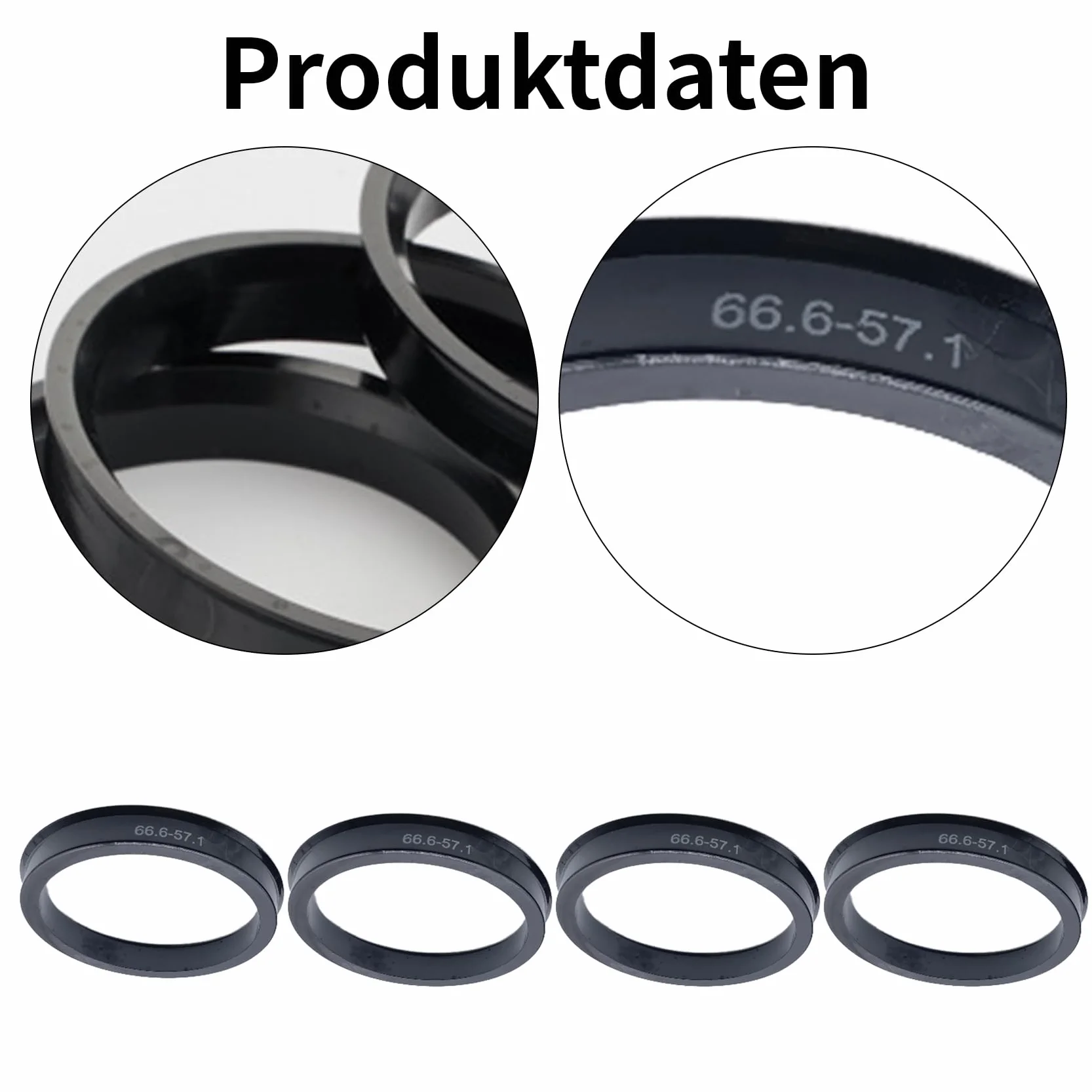 Pierścienie centrujące 66,6 mm na 57,1 mm do VW Mercedes Audi, tworzywo sztuczne czarne (4 sztuki)