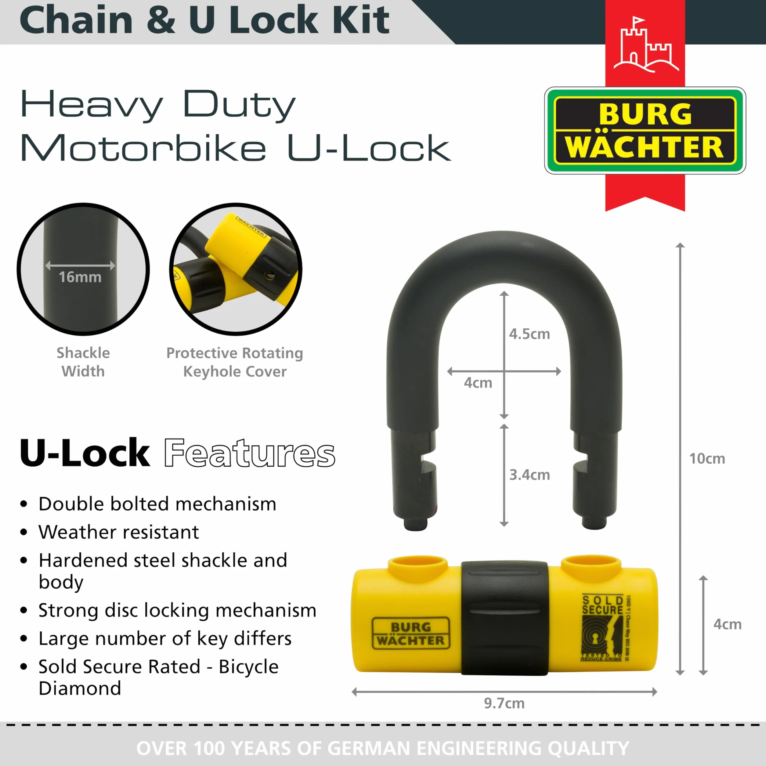 Burg-Wachter 12 mm 2 m sprzedany łańcuch zabezpieczający motocykl złoty zamek, czarny