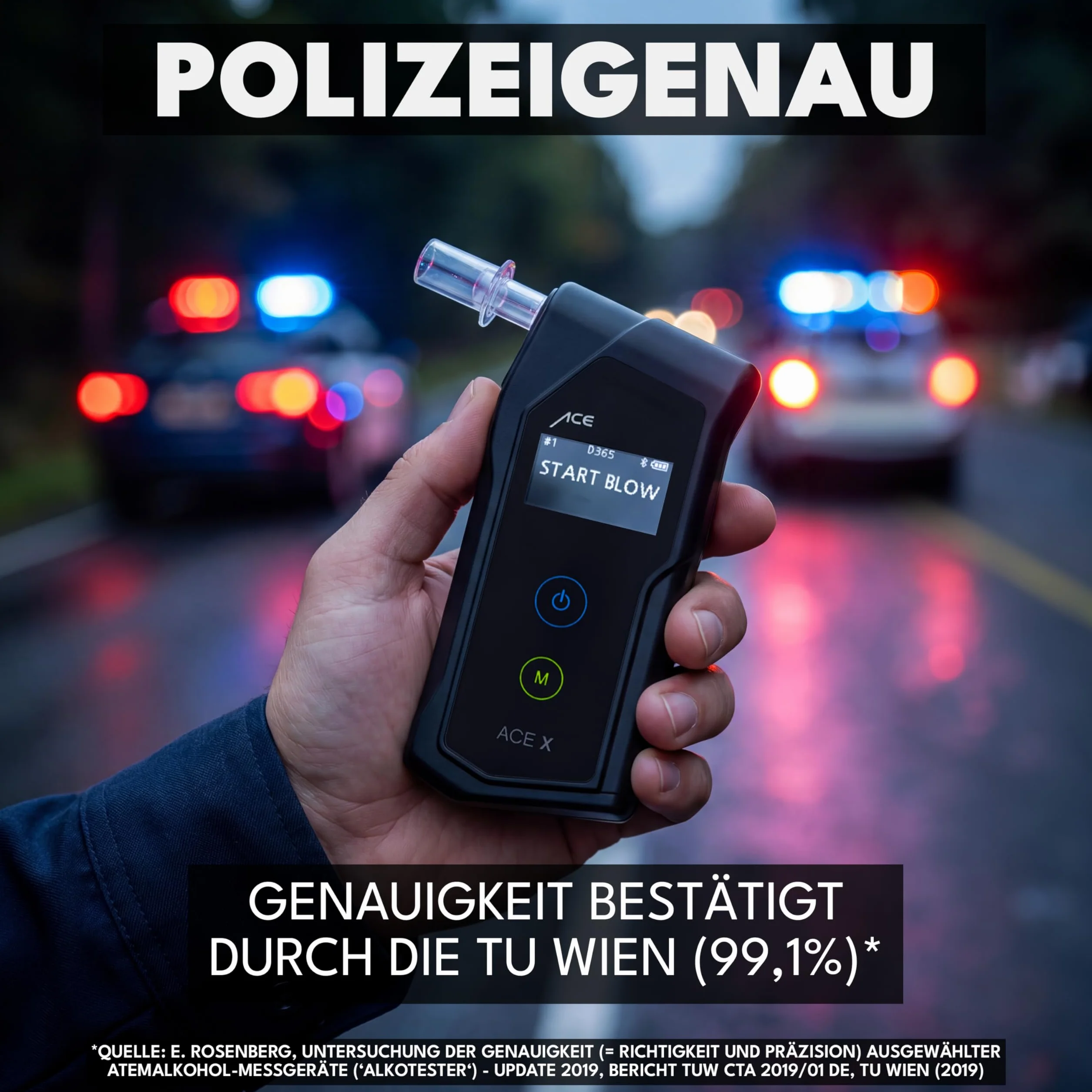 Alkomat ACE X – alkomat o dokładności 99,1% według Uniwersytetu Technicznego w Wiedniu – elektrochemiczny i zgodny z normami policyjnymi – profesjonalny miernik alkoholu