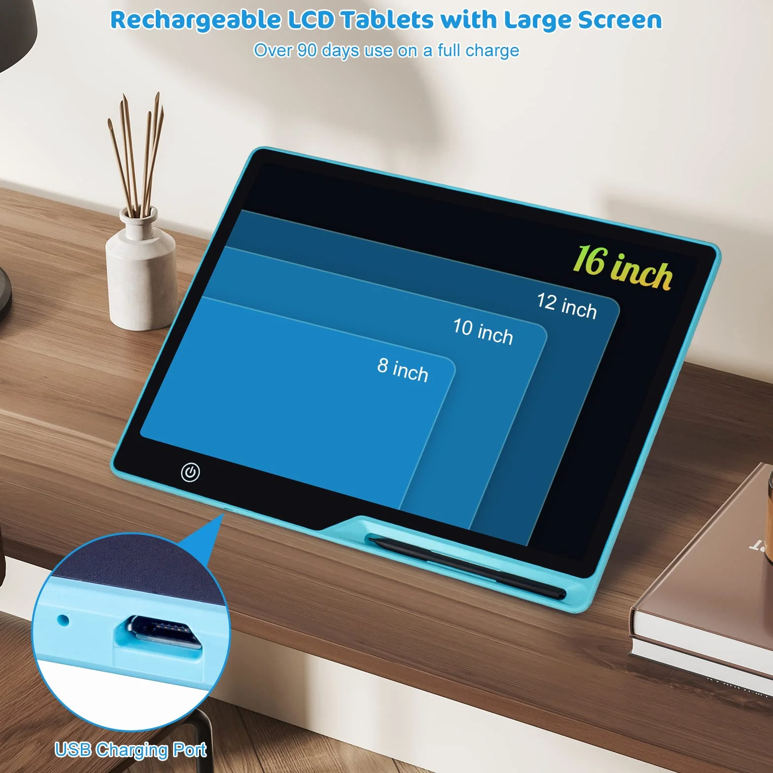 Tablet do pisania LCD, 16-calowy kolorowy ekran, ładowalna tablica do rysowania Zabawki edukacyjne dla maluchów chłopców Dziewczynki Przenośny tablet (Niebieski)