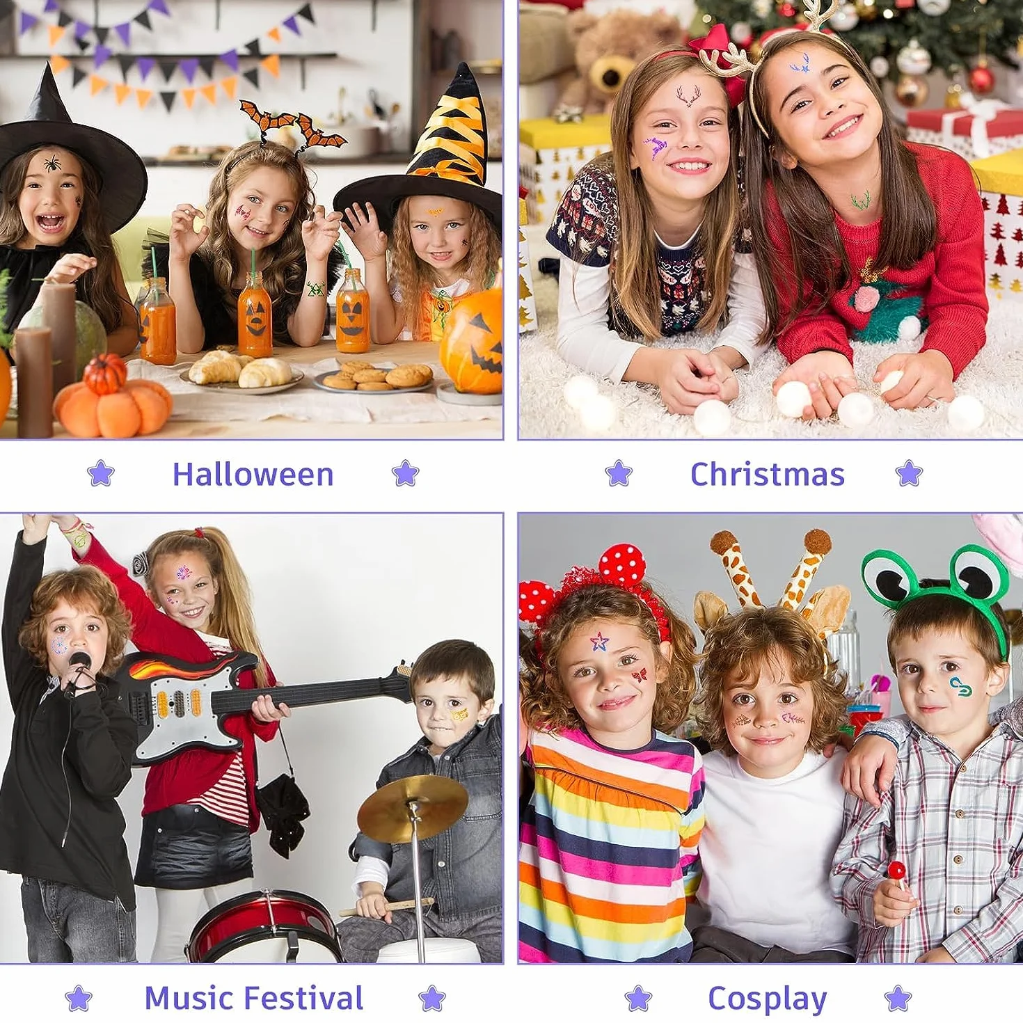 MKiTnvy Zestaw 6 pisaków do tatuażu z 9 szablonami, 12 wkładów i 4 brokatowe arkusze do twarzy, dla dzieci, Halloween, impreza