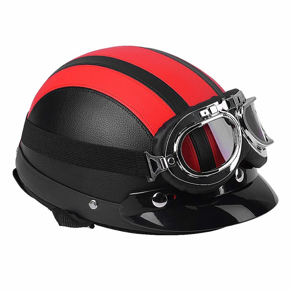 Kask skórzany półotwarty, do hulajnogi, z okularami z wizjerem UV, półotwarty, uniwersalny kask motocyklowy (czerwony)