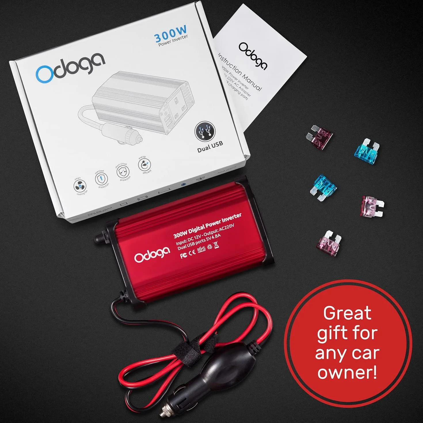 Odoga Falownik samochodowy 300 W 12 V na 240 V / 230 V, podwójne porty ładowania USB 4,8 A – ładuj laptopa, iPada, iPhone'a, tablet, konsole i trwalsze i wydajne, czerwony aluminiowy korpus