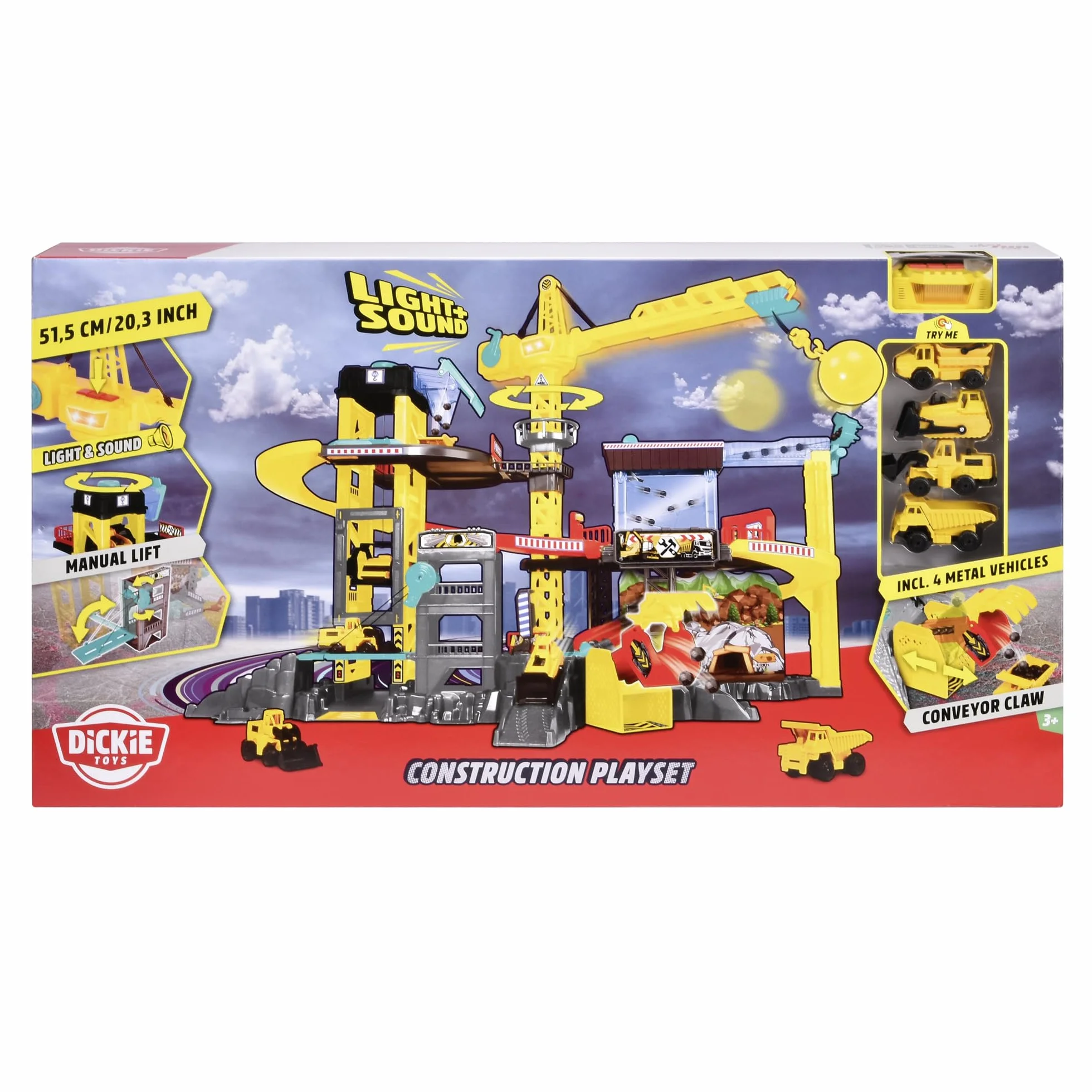 Dickie Toys - Zabawka budowlana – duży zestaw do zabawy z dźwigiem, 4 pojazdy na placu budowy, oświetlenie, dźwięk, akcesoria i wiele funkcji, dla dzieci od 3 lat, 79 x 52 x 42 cm