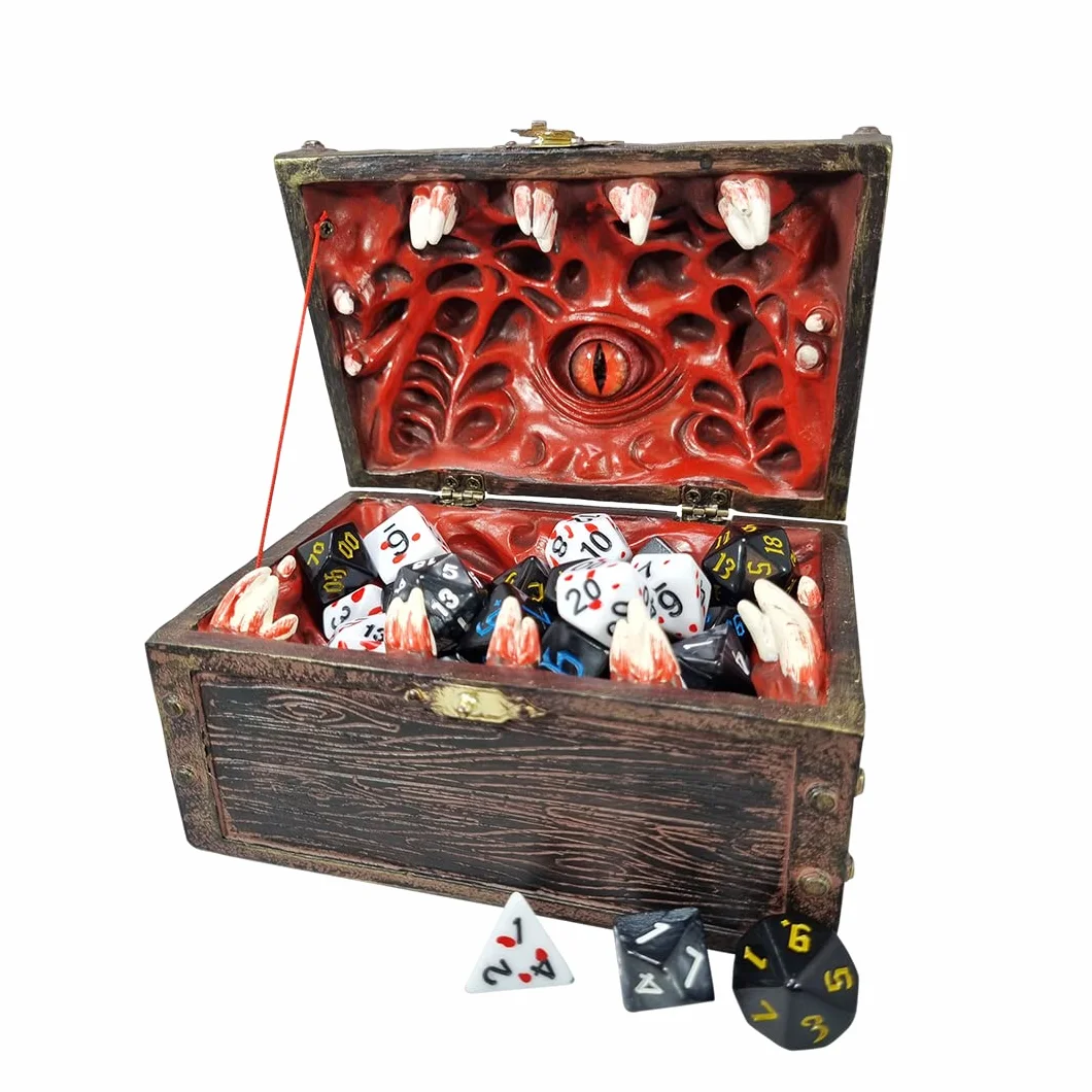 Dungeon Mimic pudełko do przechowywania kości skrzyniowych ze szklanym okiem, miniaturami i akcesoriami do lochów i smoków, prezent D&D, DND, Dungeon Master, mieści do 5 zestawów kości