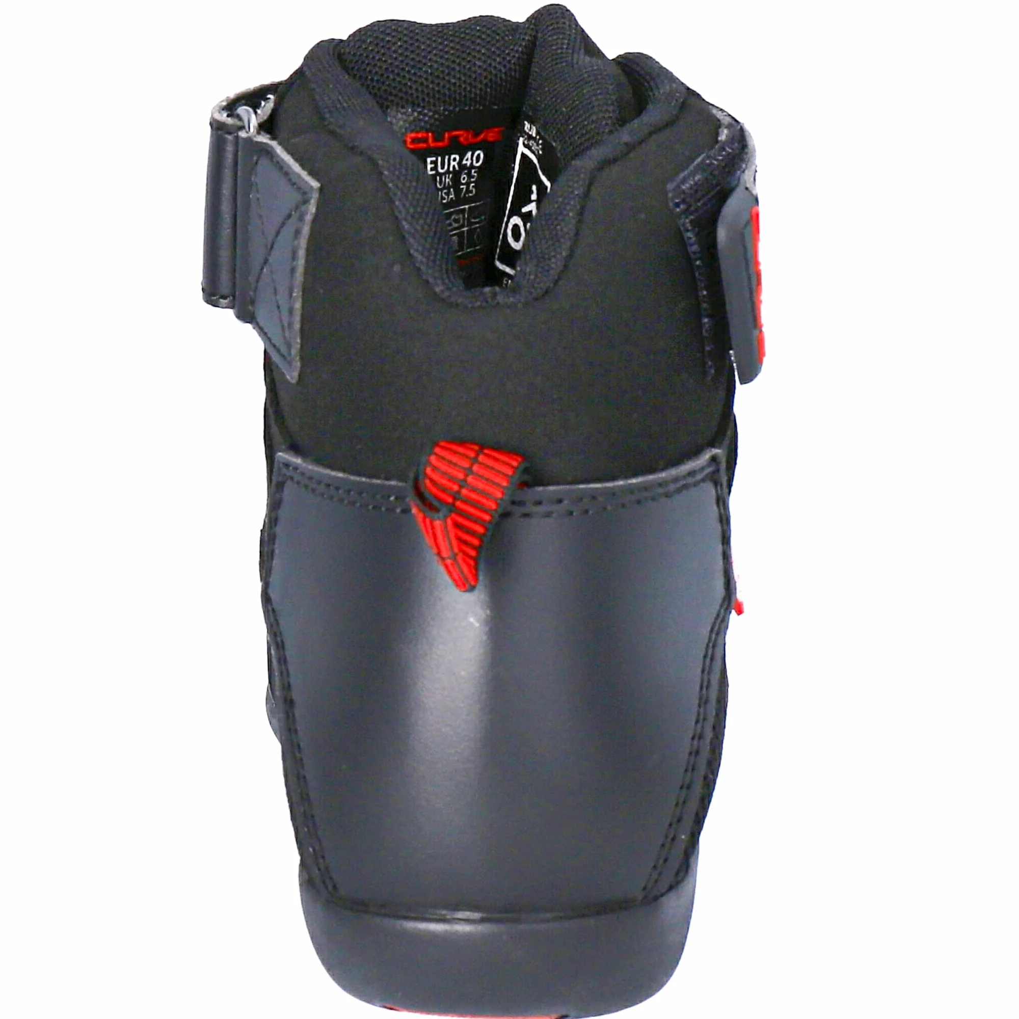 CURVE Czarne/czerwone buty motocyklowe Rubi | Mężczyzna i kobieta | Mikrofibra | Miejskie zastosowanie | Wzmocnienie zmiany biegów, czerwone detale, koronki, podeszwa antypoślizgowa | homologacja CE