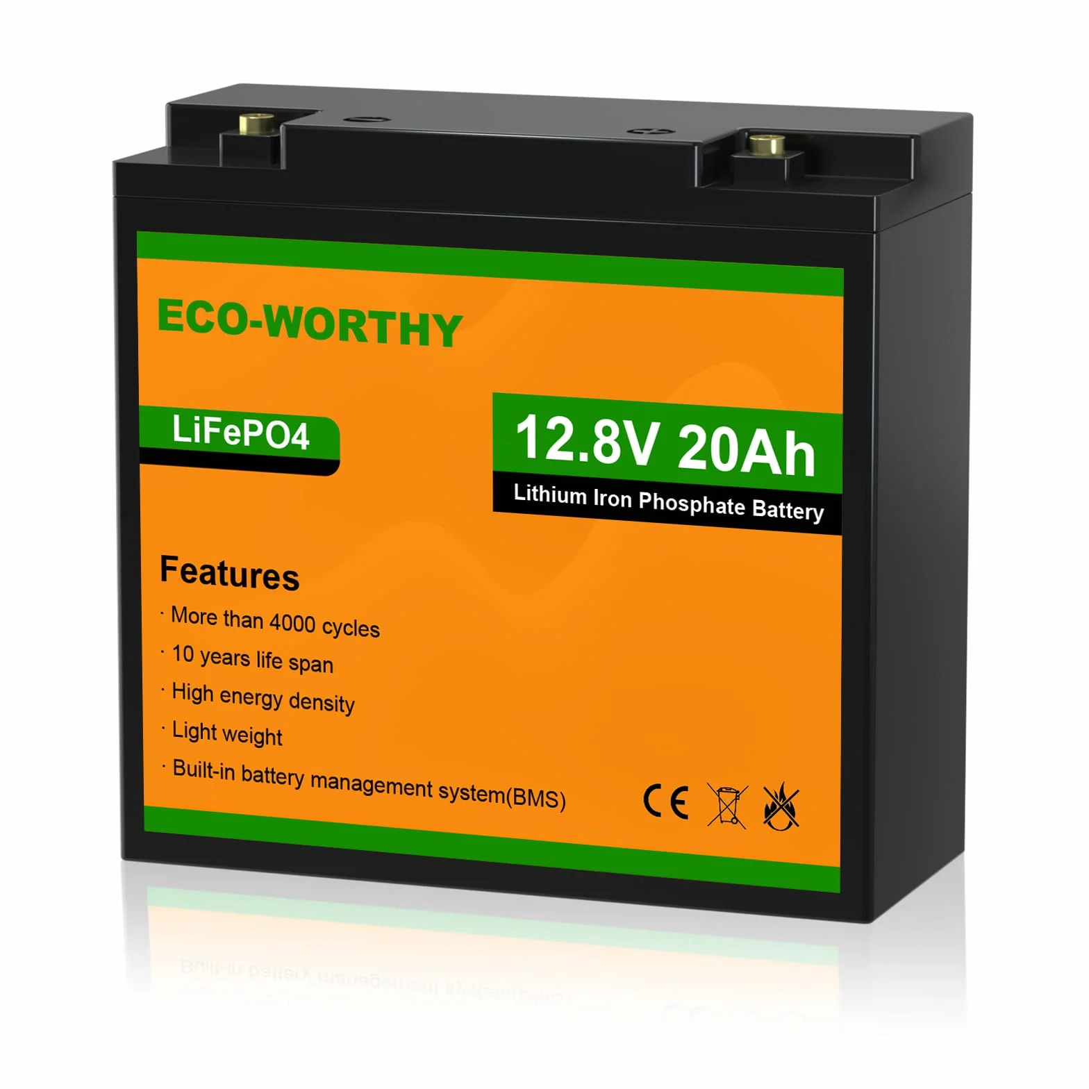ECO-WORTHY LiFePO4 akumulator 12 V 20 Ah z ochroną BMS i maks. 15000 cykli, bateria litowa 256 Wh 12 V 20 Ah do silników trollingowych, łodzi, kamperów