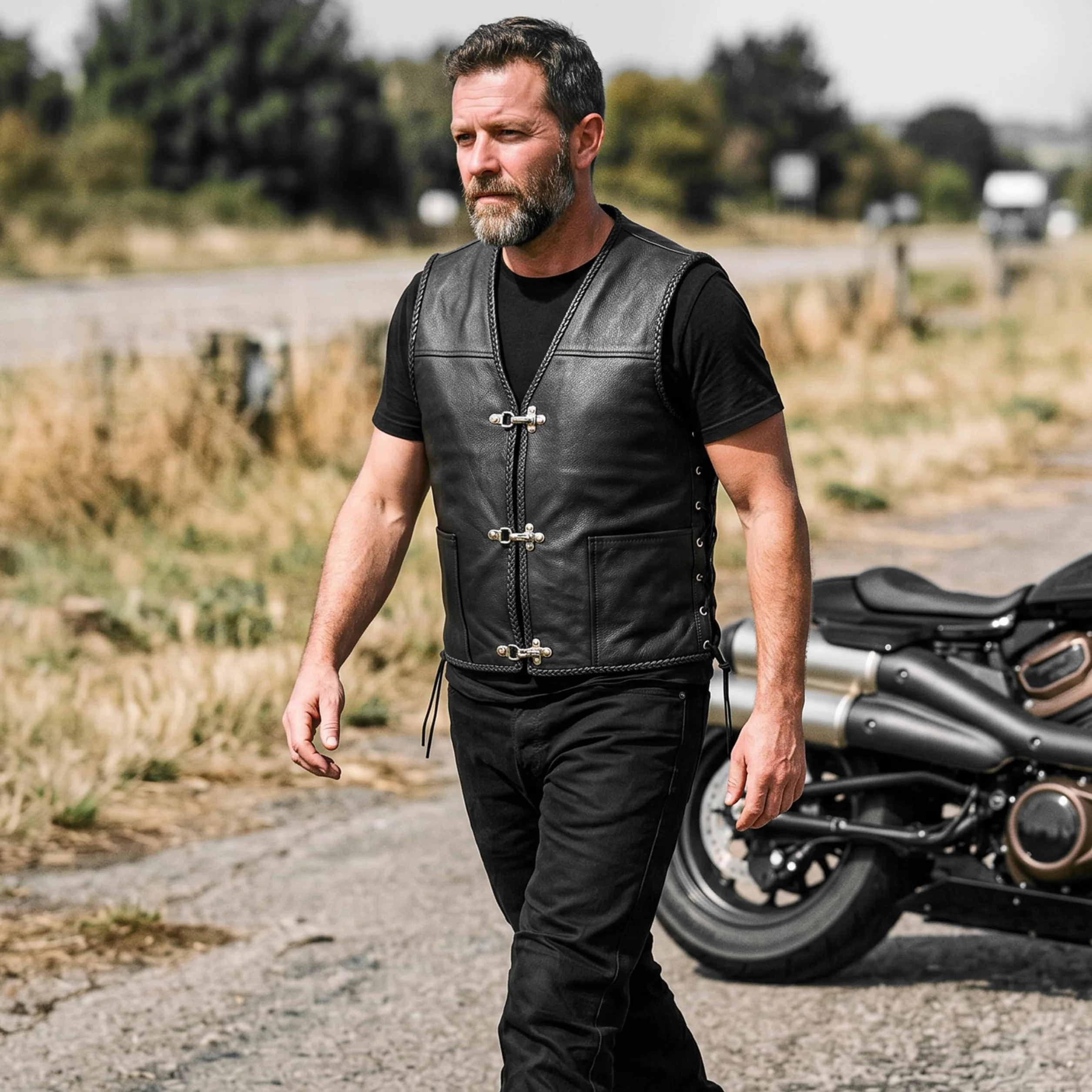 Skórzana kamizelka motocyklowa z regulowanymi bocznymi sznurowadłami czarny pleciony haczyk na ryby klamra