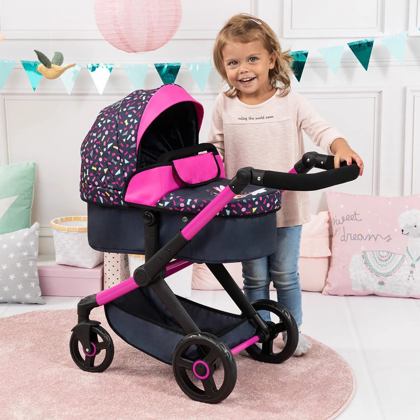 Bayer Design 17080AA Wózek dla lalek combi Xeo z torbą, regulacją wysokości, kolorowy, wróżka, Black, Pink, Fairy