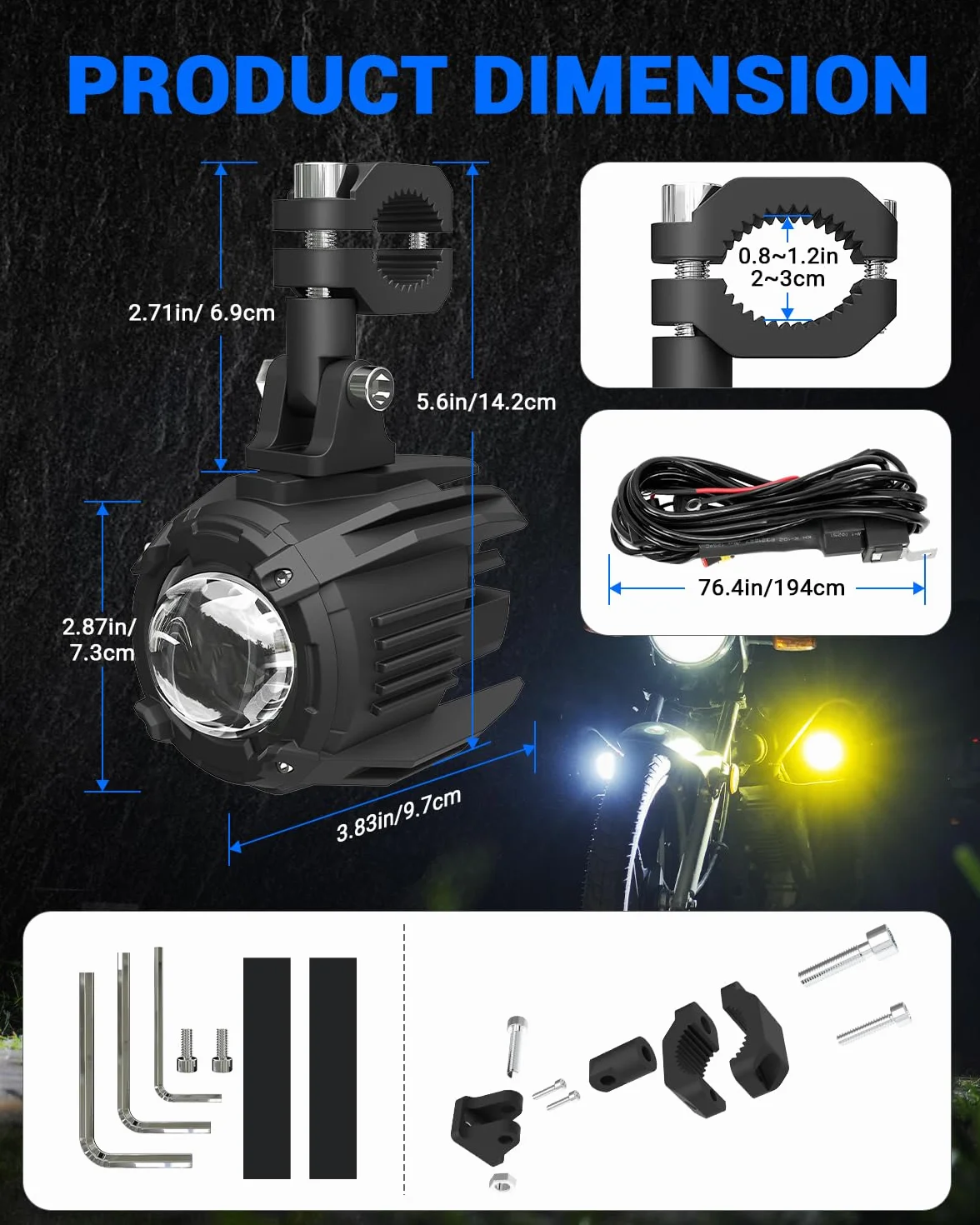 SUPAREE Reflektor przeciwmgielny LED do motocykla, dodatkowy reflektor LED do motocykla, dodatkowy reflektor do motocykla z przełącznikiem, żółte/białe światło, IP68, 9-30 V, do R1200GS F800GS F650 LC