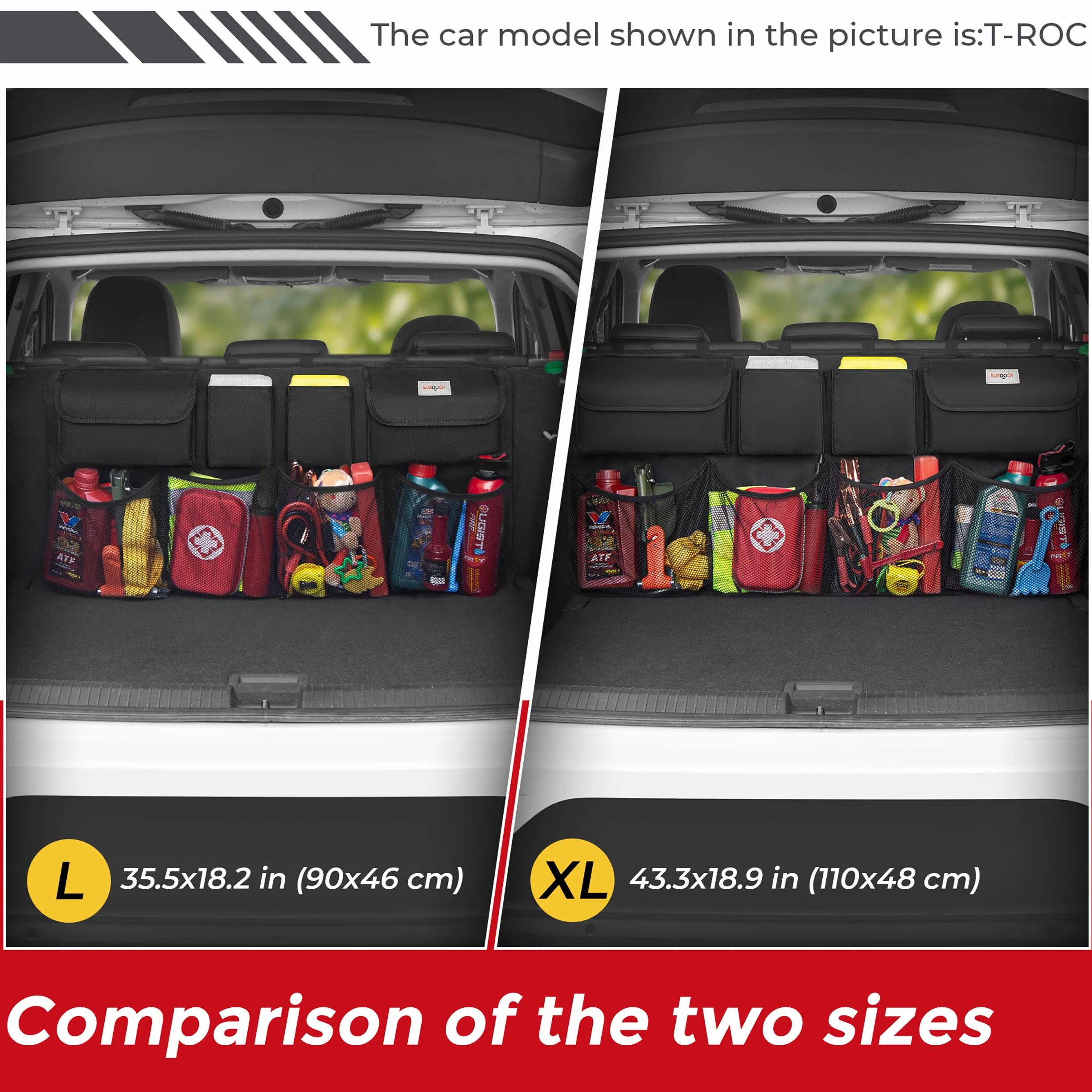 SURDOCA Car Trunk Organizer - 3rd Gen Super pojemność samochodu wiszące organizator, wyposażony w 4 Magic Stick, Car Trunk schludny worek przechowywania z pokrywami