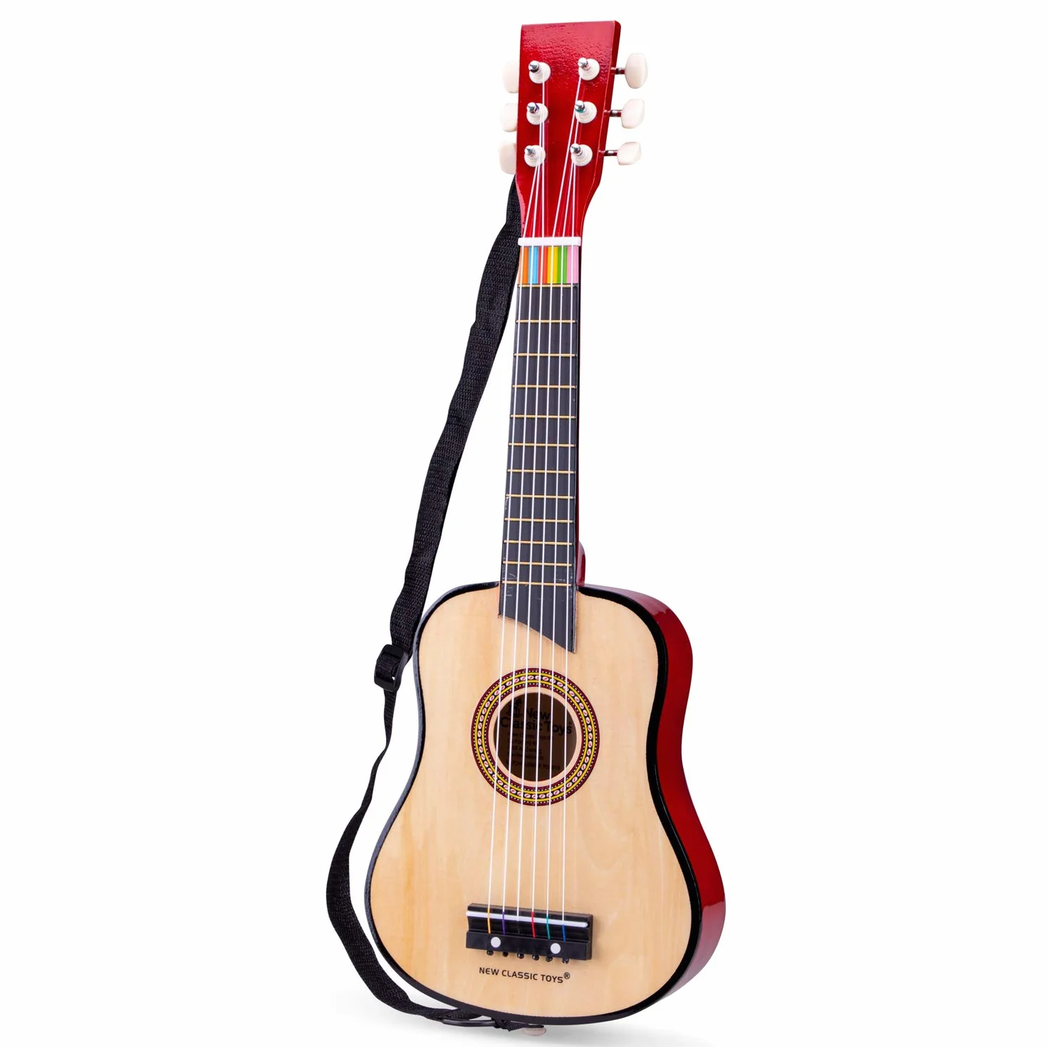 New Classic Toys 10304 Drewniana zabawka gitarowa dla małych dzieci 3 chłopców i dziewcząt prezenty dla niemowląt, instrumenty muzyczne dla dzieci w wieku trzech lat inkluzywny książka, czerwona,